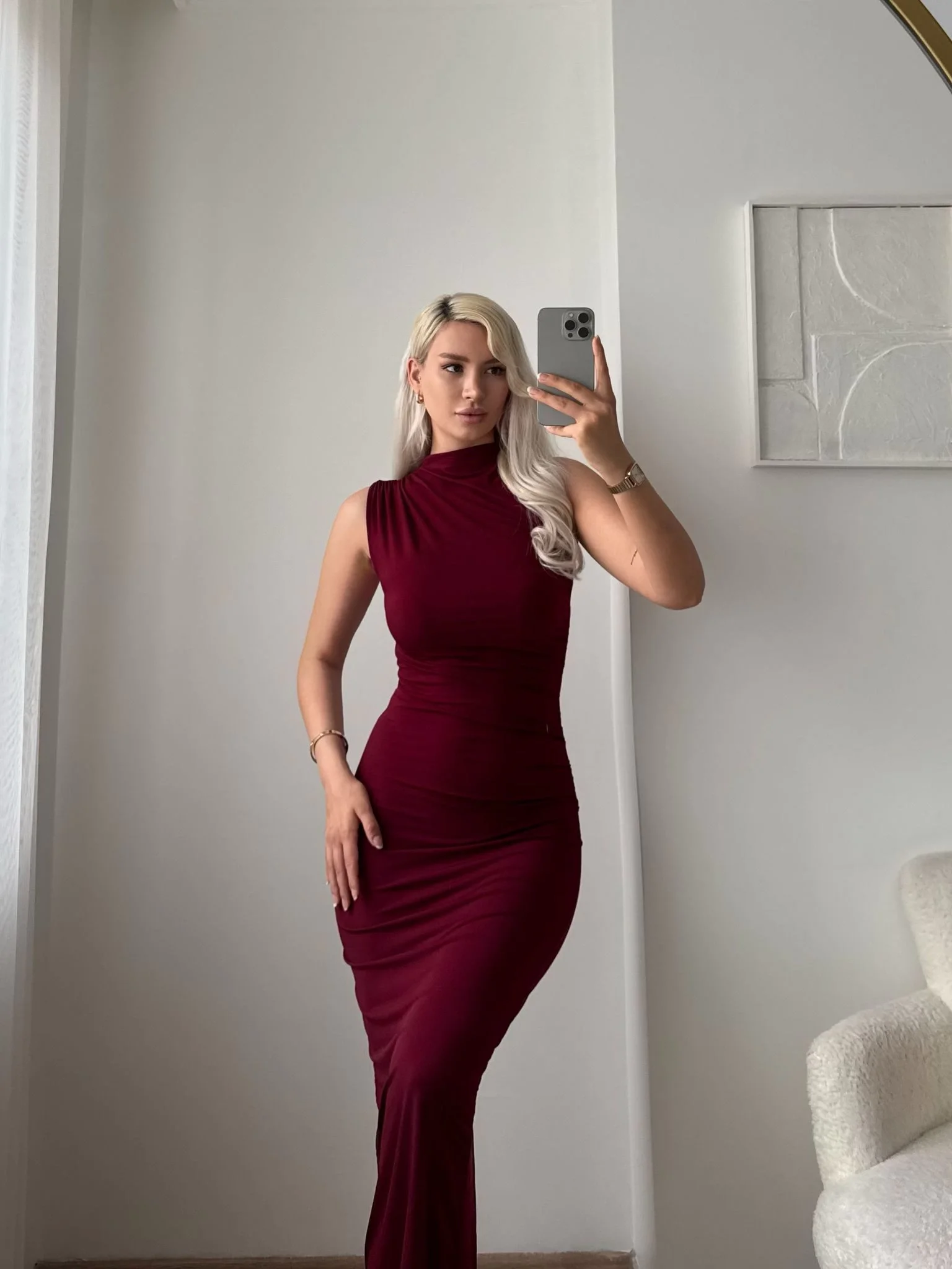 Arka Yırtmaç Drapeli Elbise - BORDO