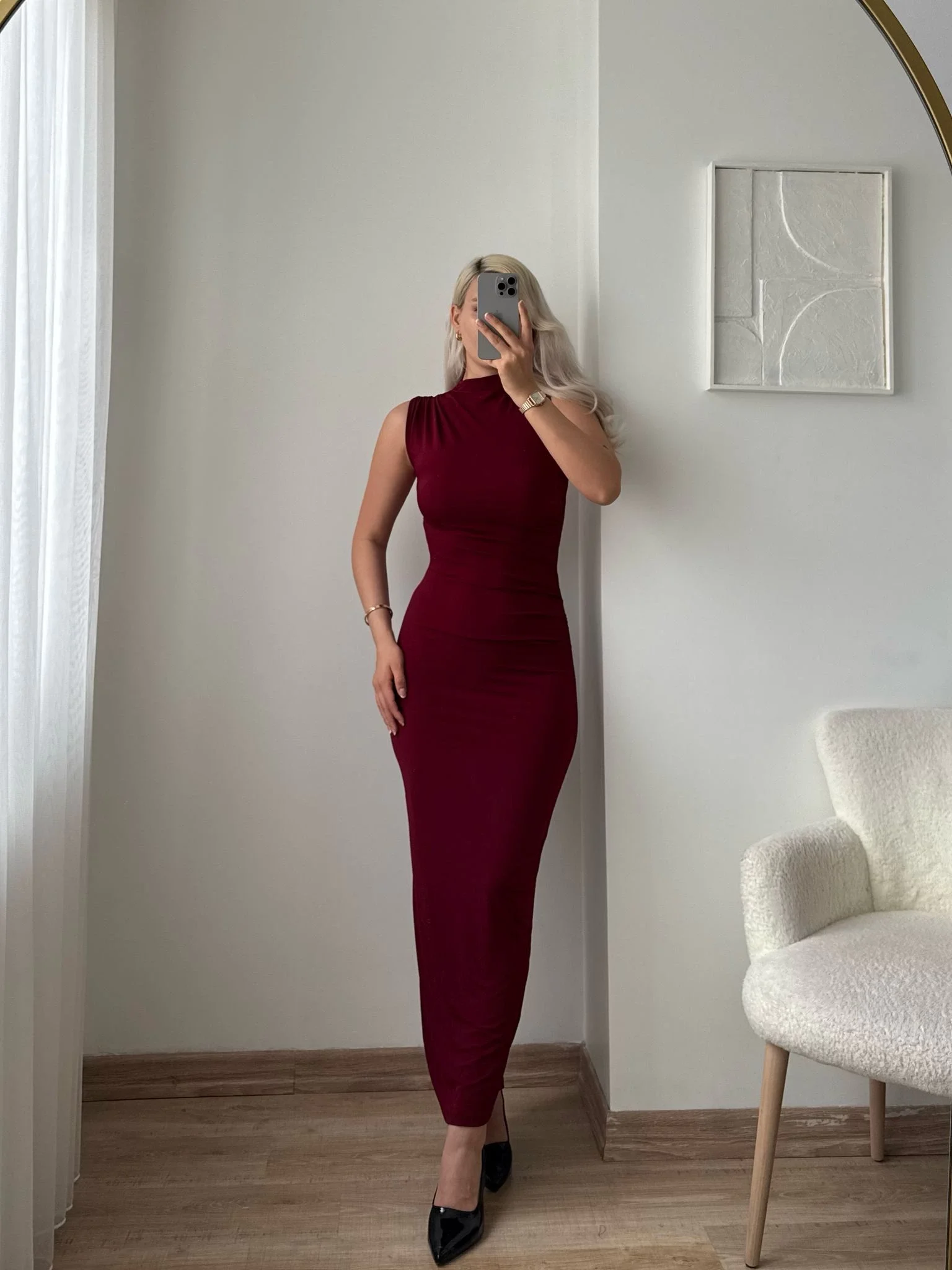 Arka Yırtmaç Drapeli Elbise - BORDO