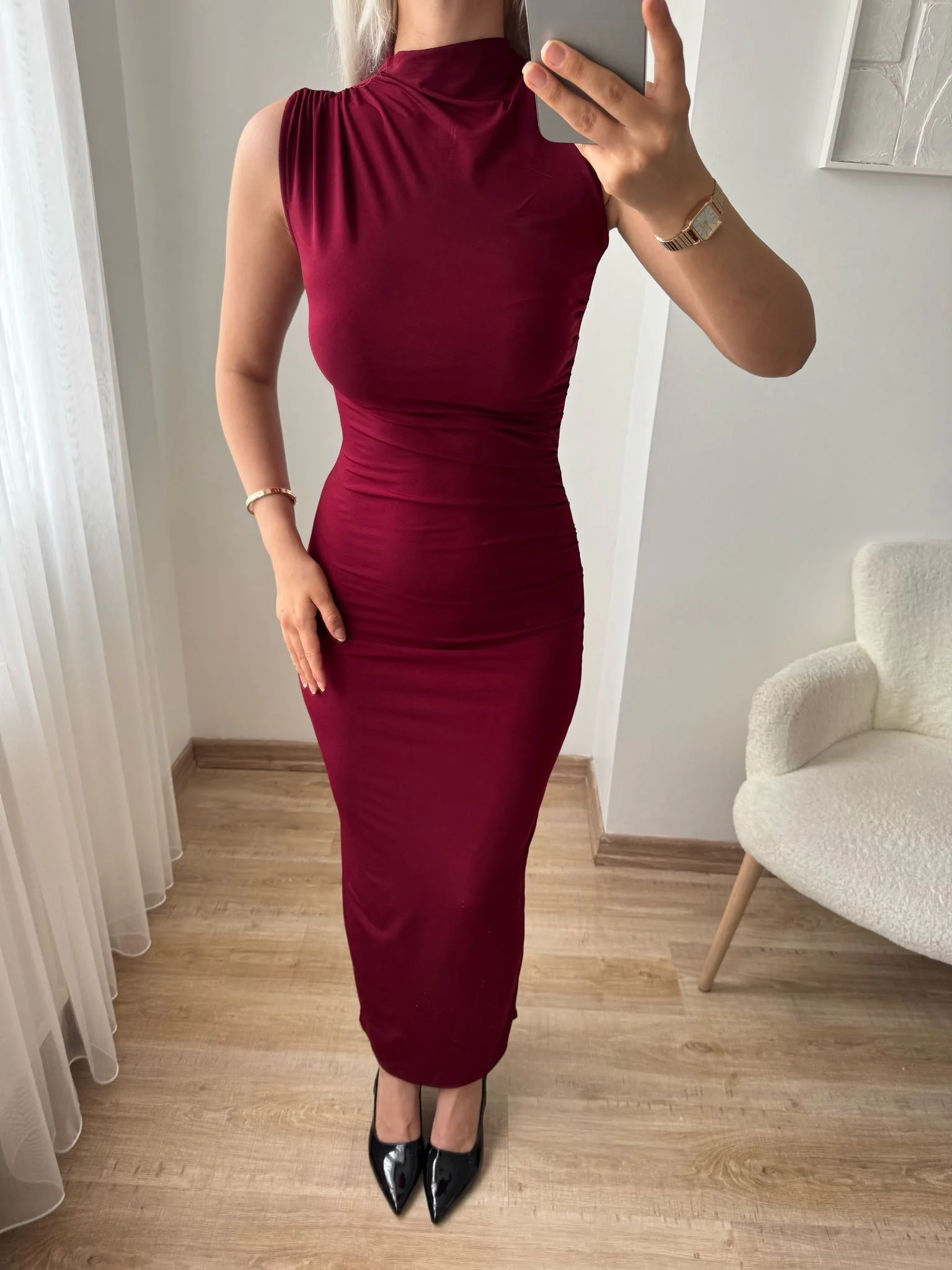 Arka Yırtmaç Drapeli Elbise - BORDO