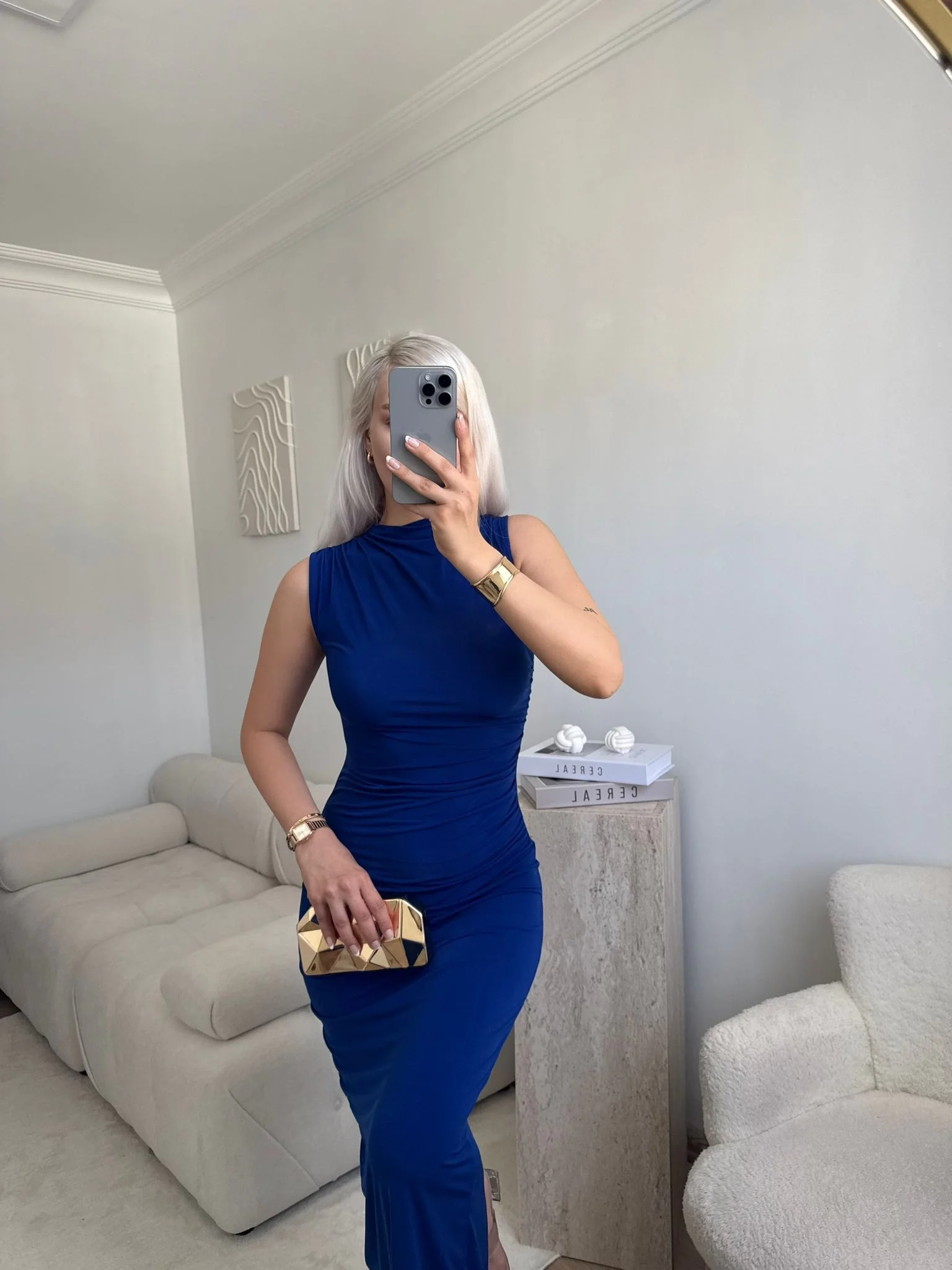 Arka Yırtmaç Drapeli Elbise - MAVİ