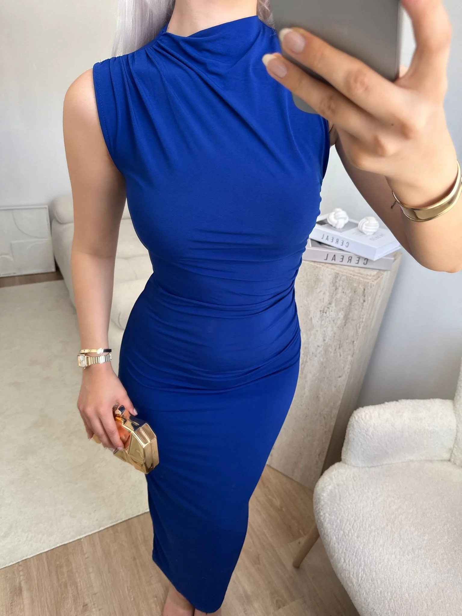 Arka Yırtmaç Drapeli Elbise - MAVİ