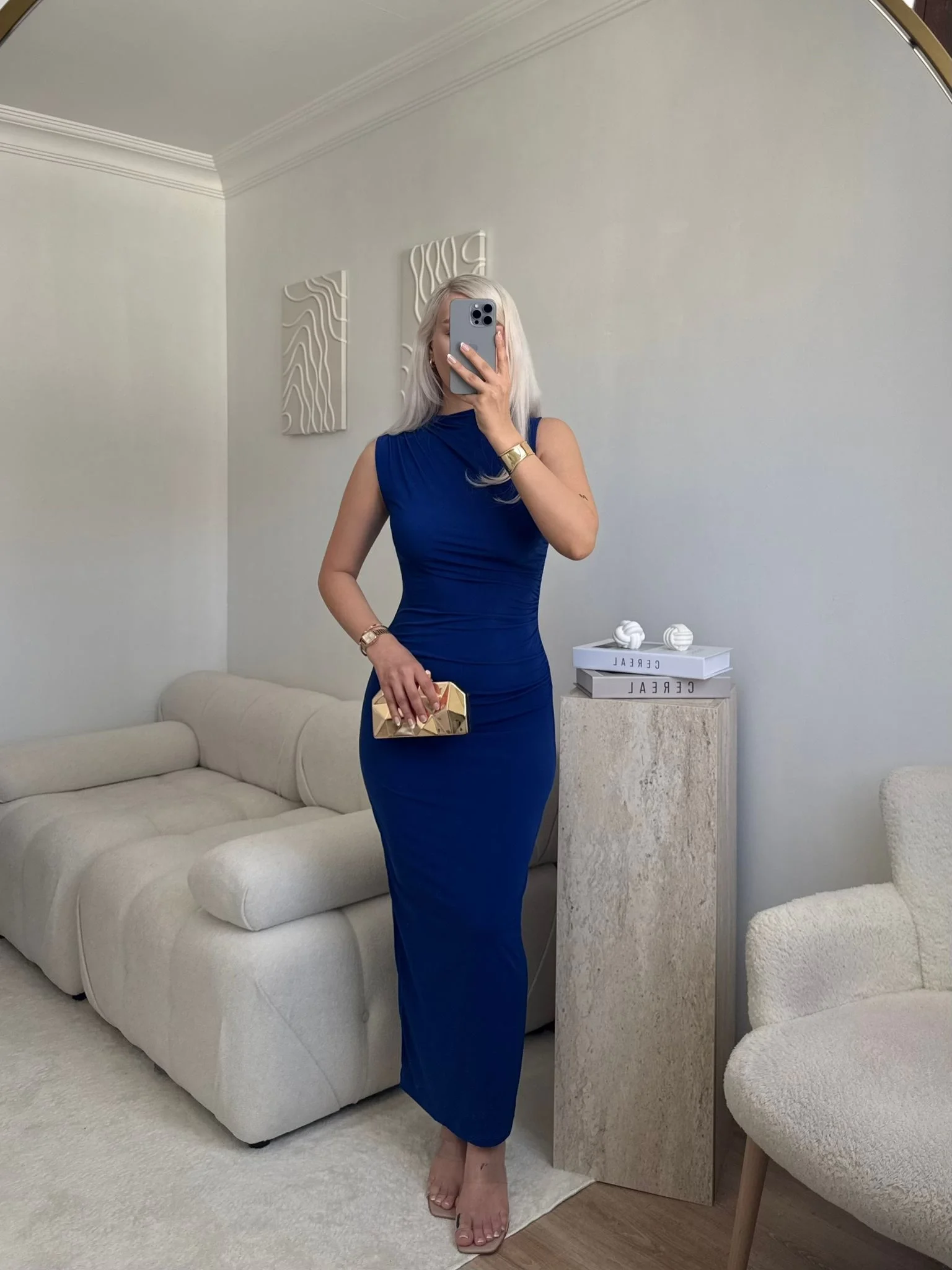 Arka Yırtmaç Drapeli Elbise - MAVİ