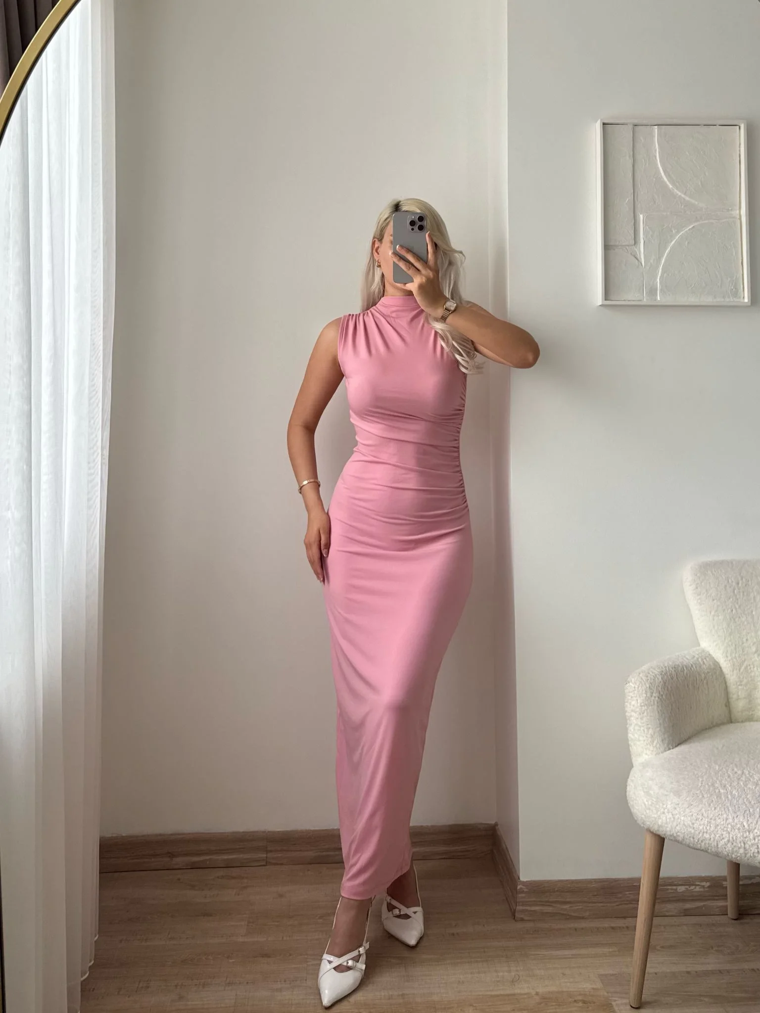 Arka Yırtmaç Drapeli Elbise - PUDRA