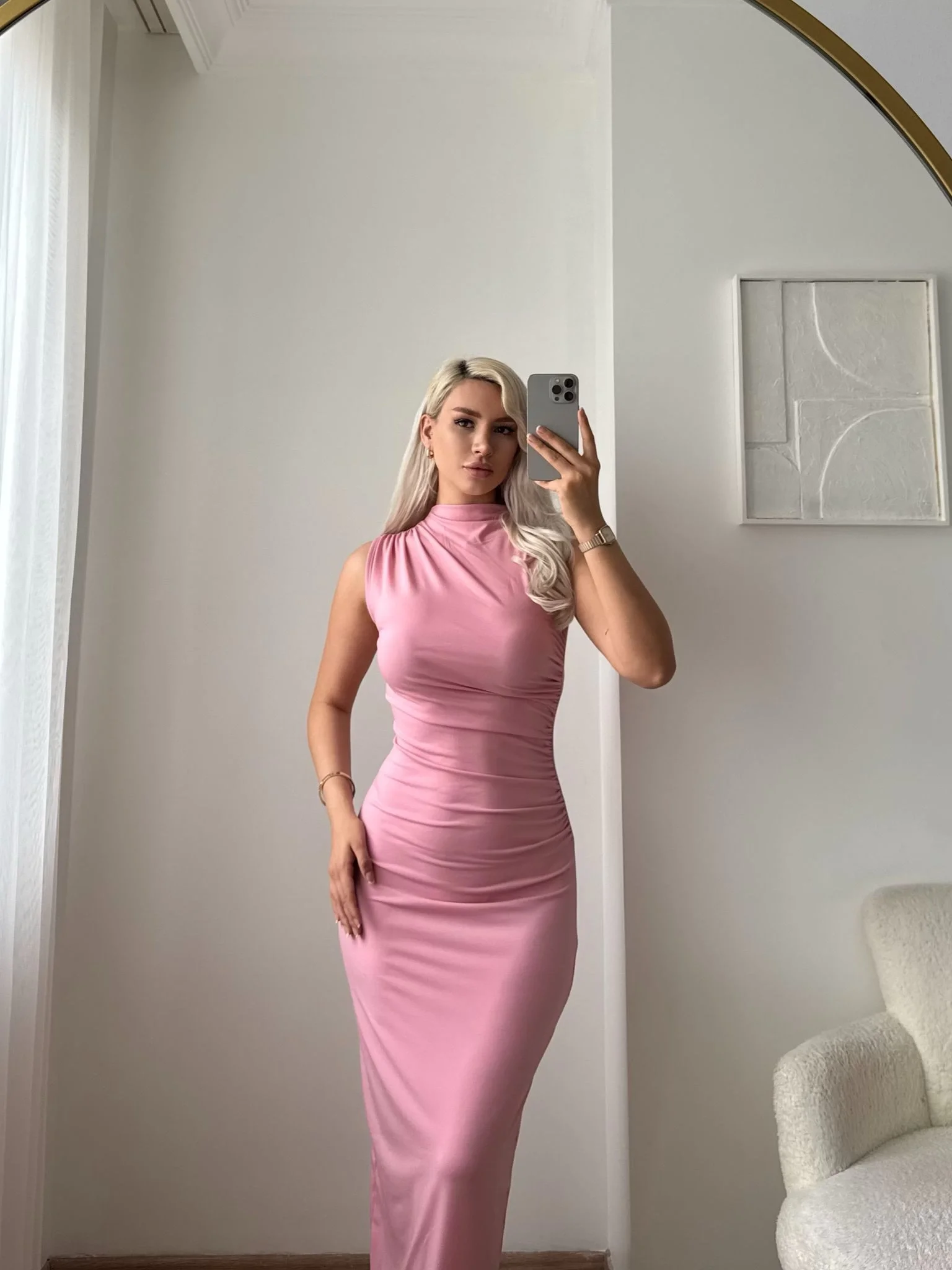 Arka Yırtmaç Drapeli Elbise - PUDRA