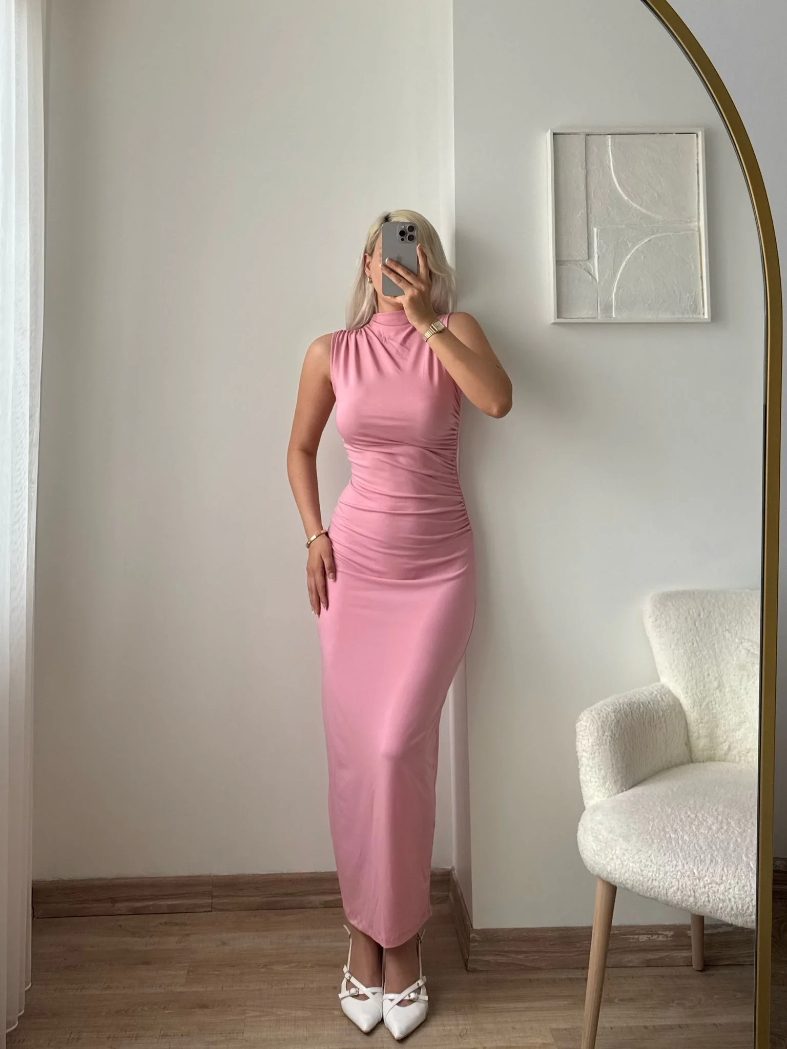 Arka Yırtmaç Drapeli Elbise - PUDRA