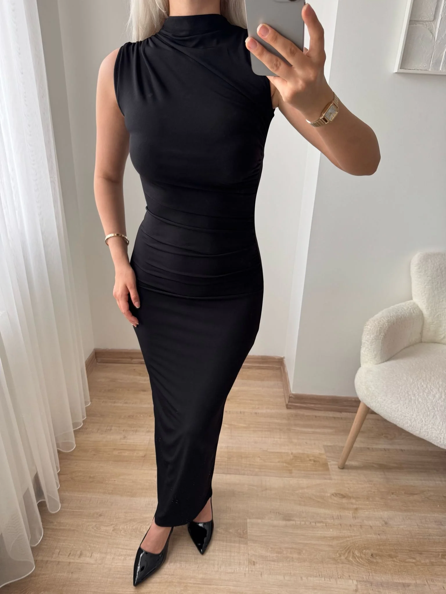 Arka Yırtmaç Drapeli Elbise - SİYAH