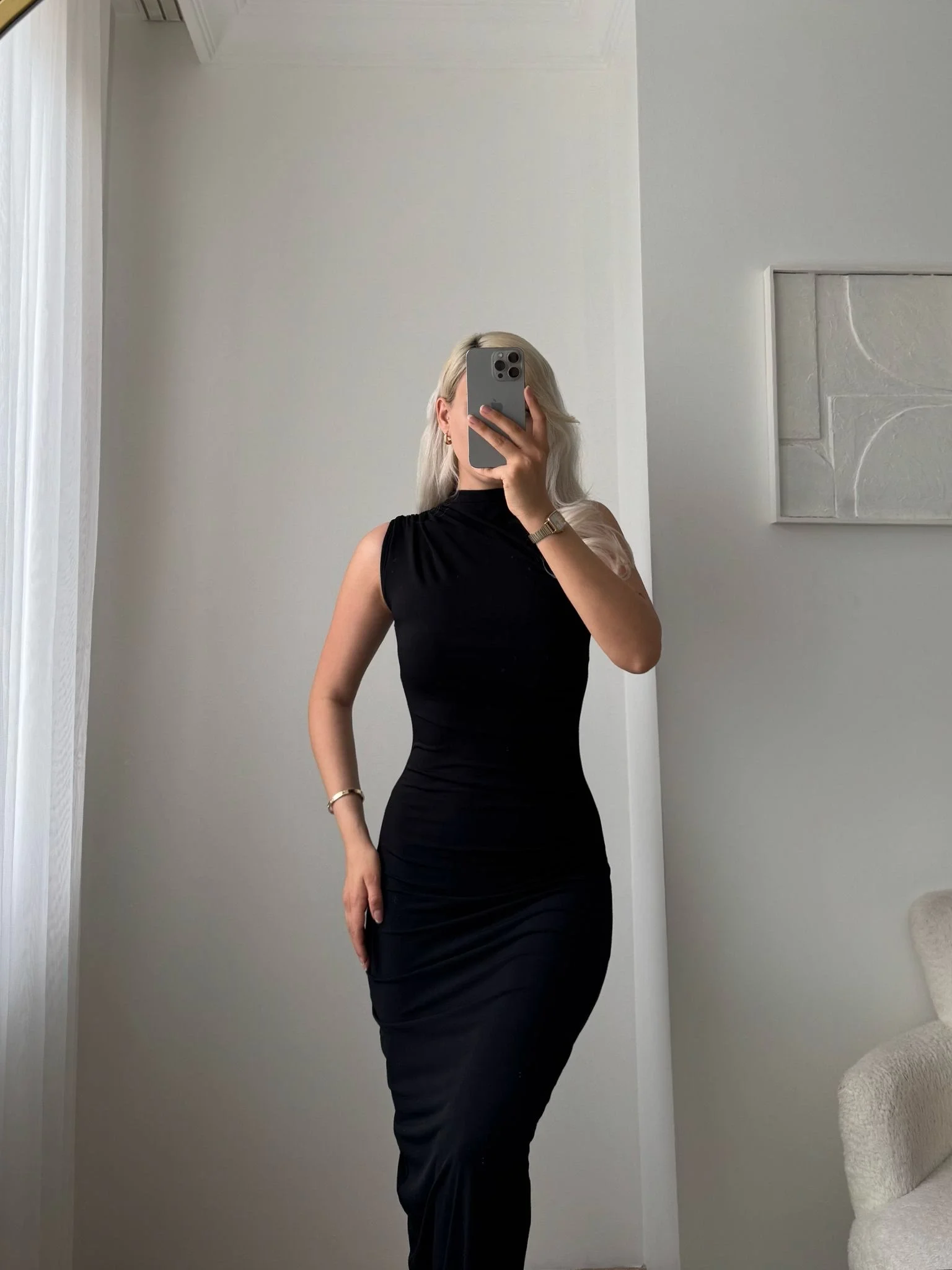 Arka Yırtmaç Drapeli Elbise - SİYAH