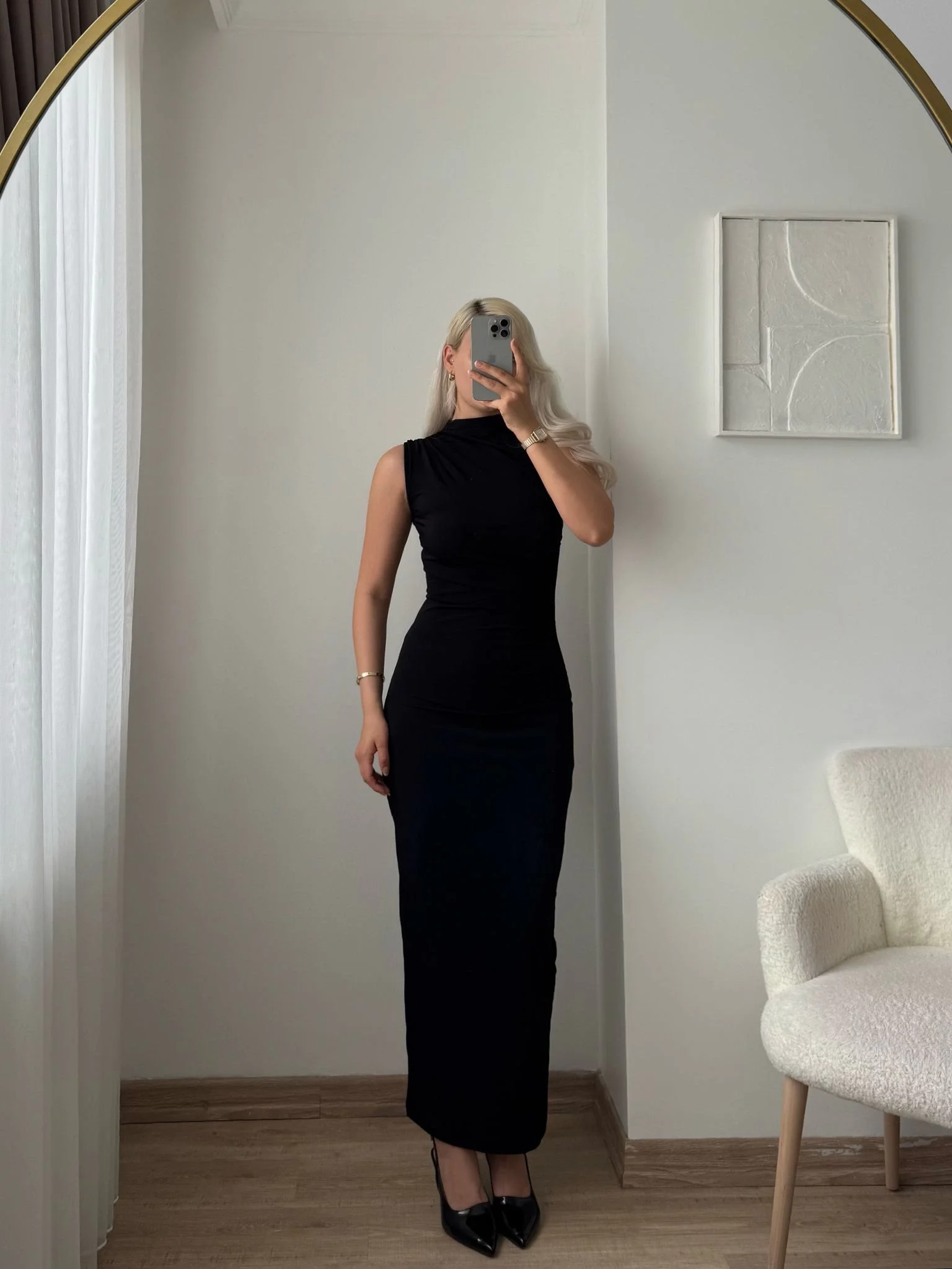 Arka Yırtmaç Drapeli Elbise - SİYAH