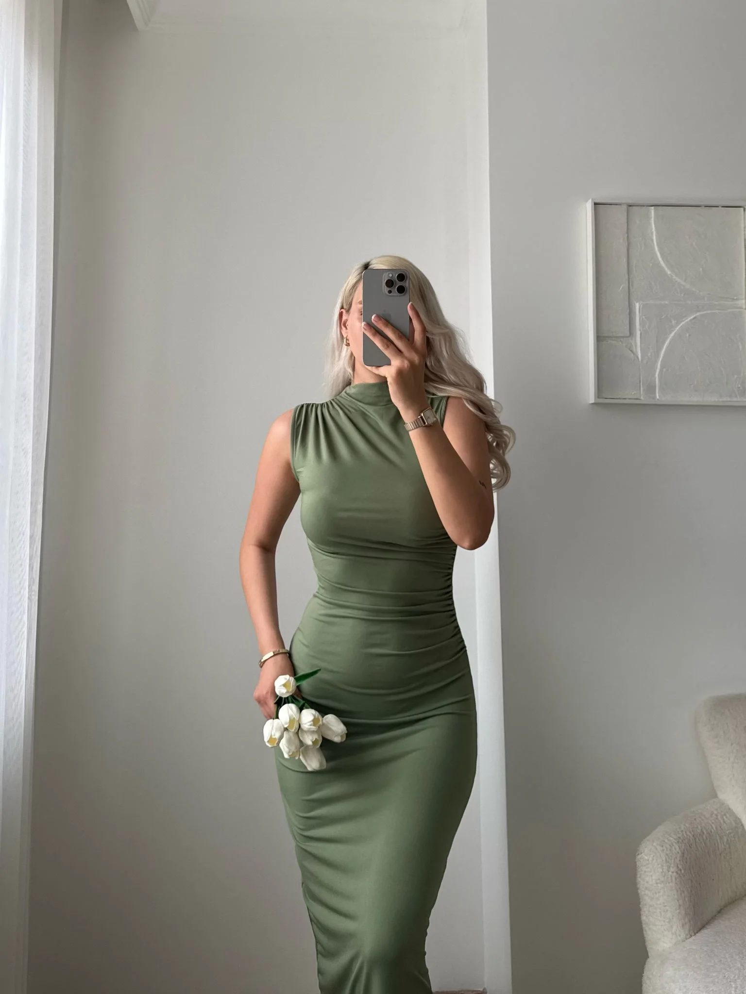 Arka Yırtmaç Drapeli Elbise - YEŞİL