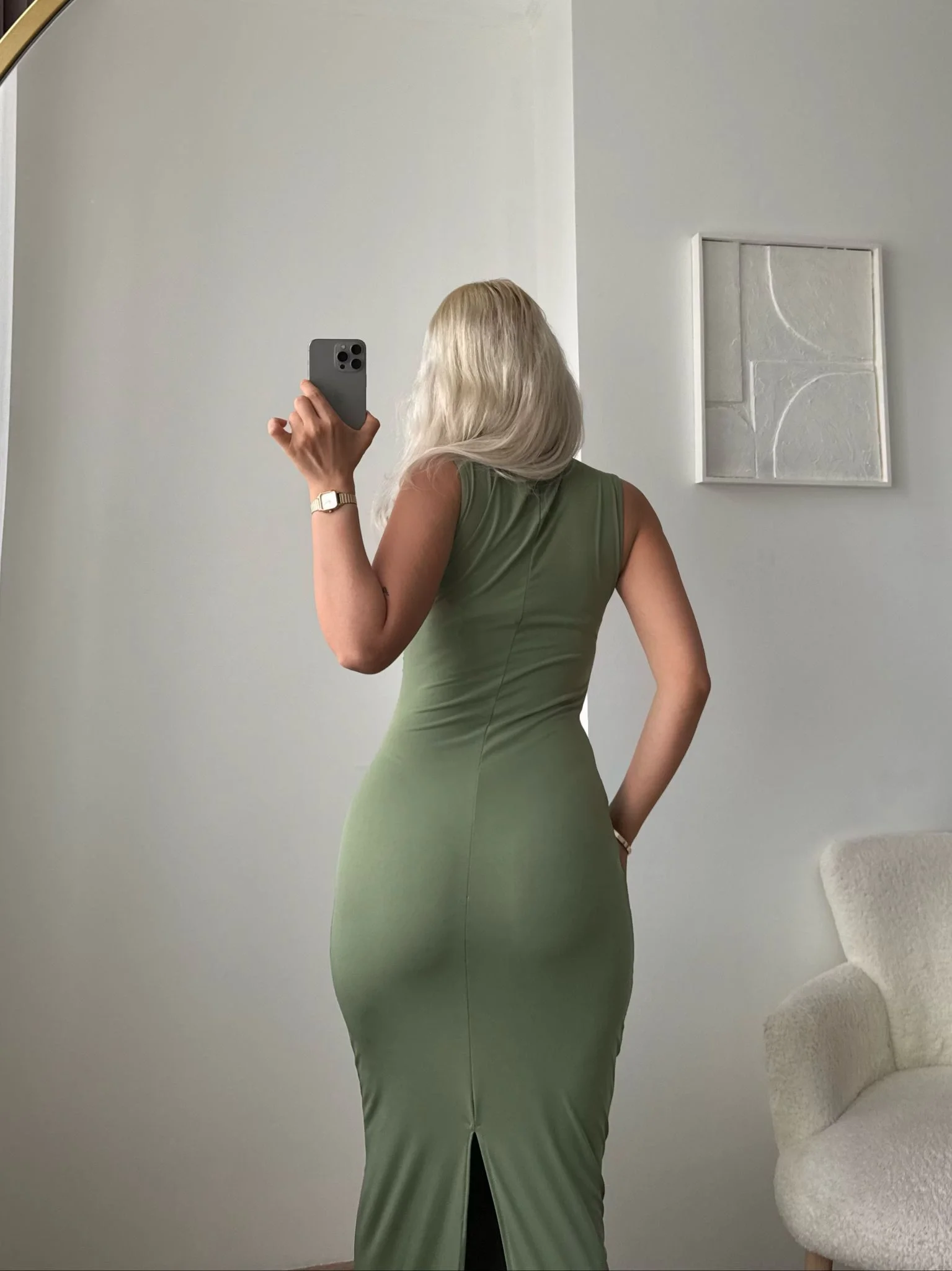 Arka Yırtmaç Drapeli Elbise - YEŞİL