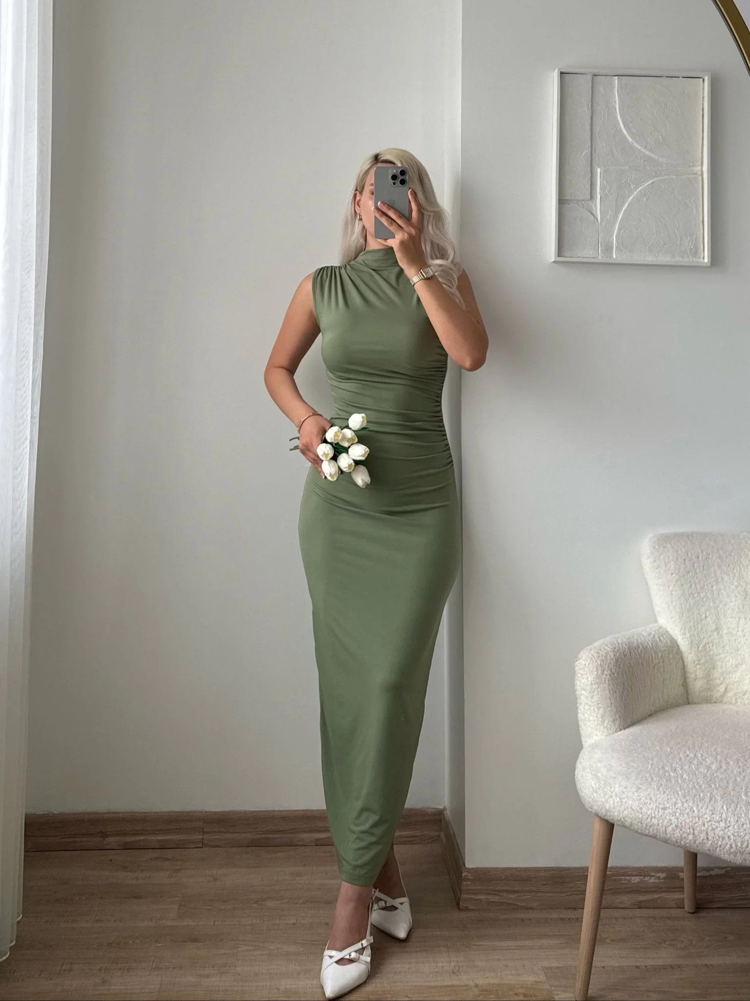 Arka Yırtmaç Drapeli Elbise - YEŞİL