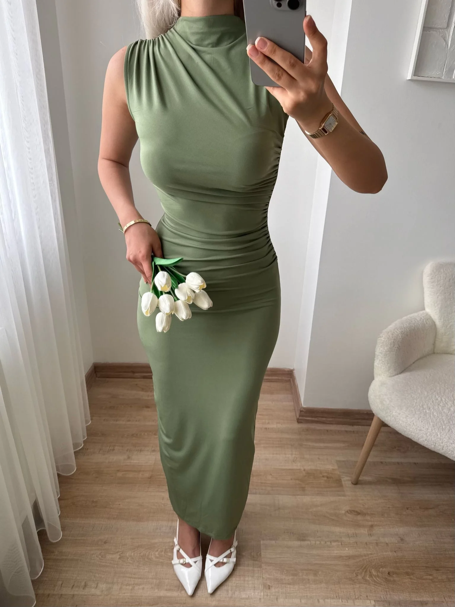 Arka Yırtmaç Drapeli Elbise - YEŞİL