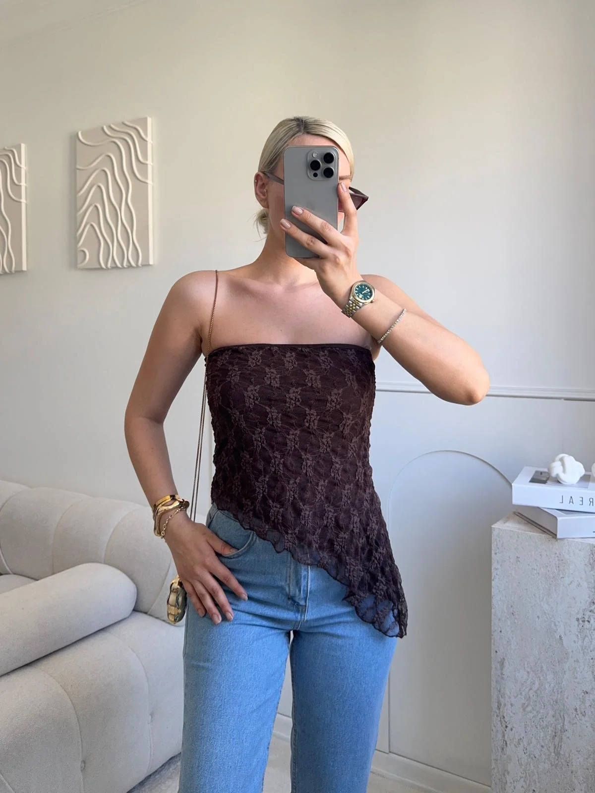 Asimetrik Dantel Crop - KAHVE