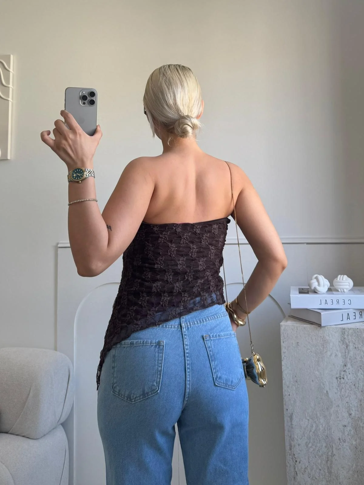 Asimetrik Dantel Crop - KAHVE