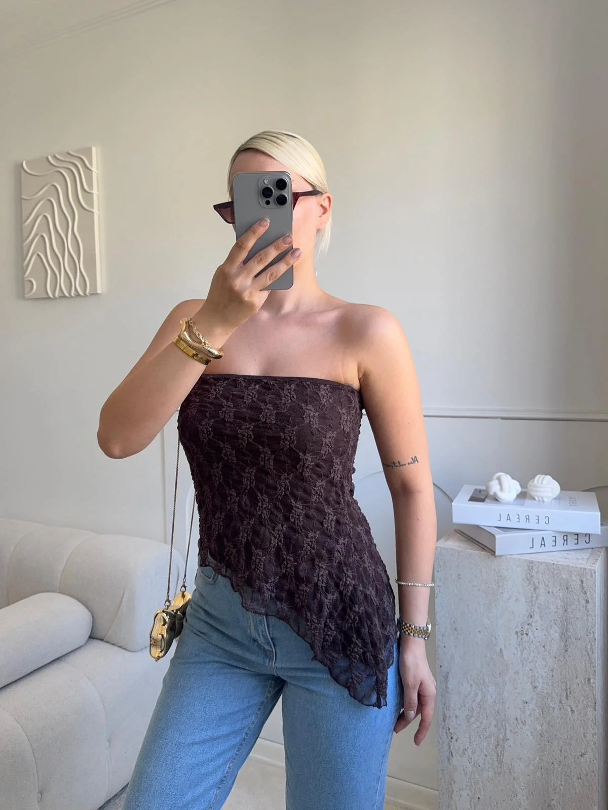 Asimetrik Dantel Crop - KAHVE