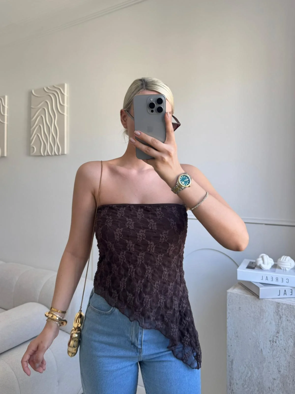 Asimetrik Dantel Crop - KAHVE