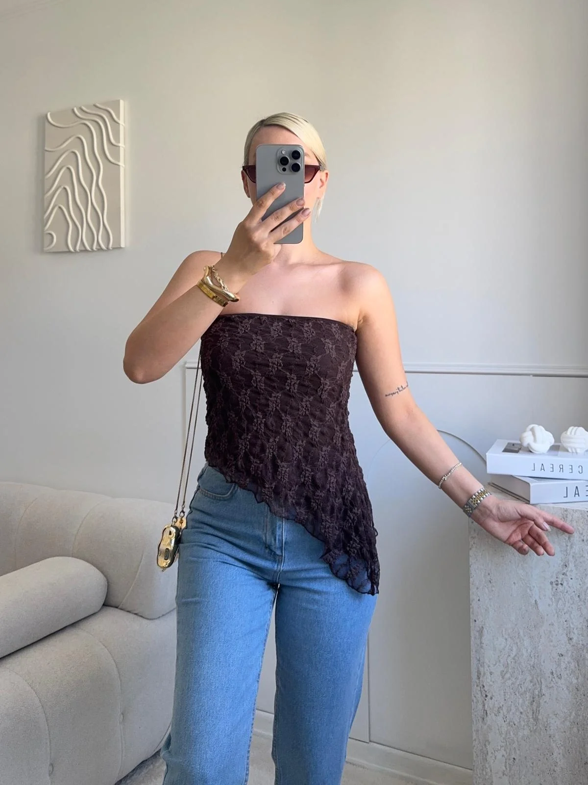 Asimetrik Dantel Crop - KAHVE