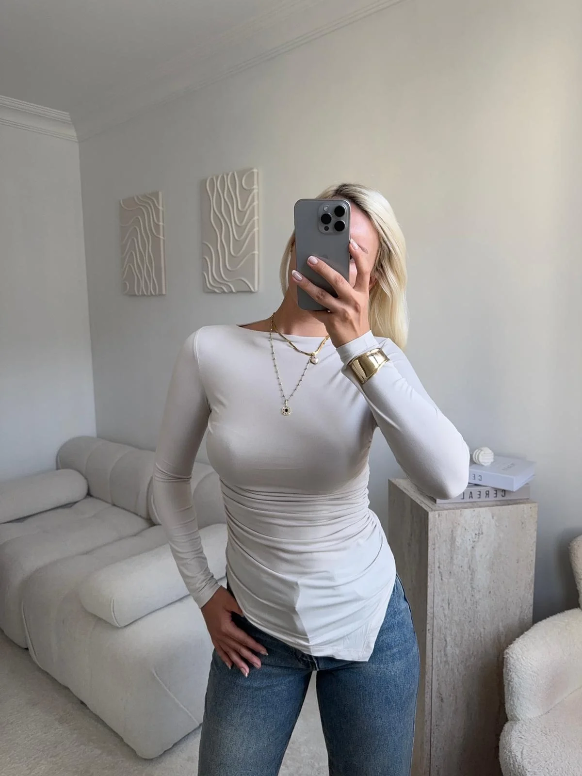 Asimetrik Yan Lastik Bluz - BEJ