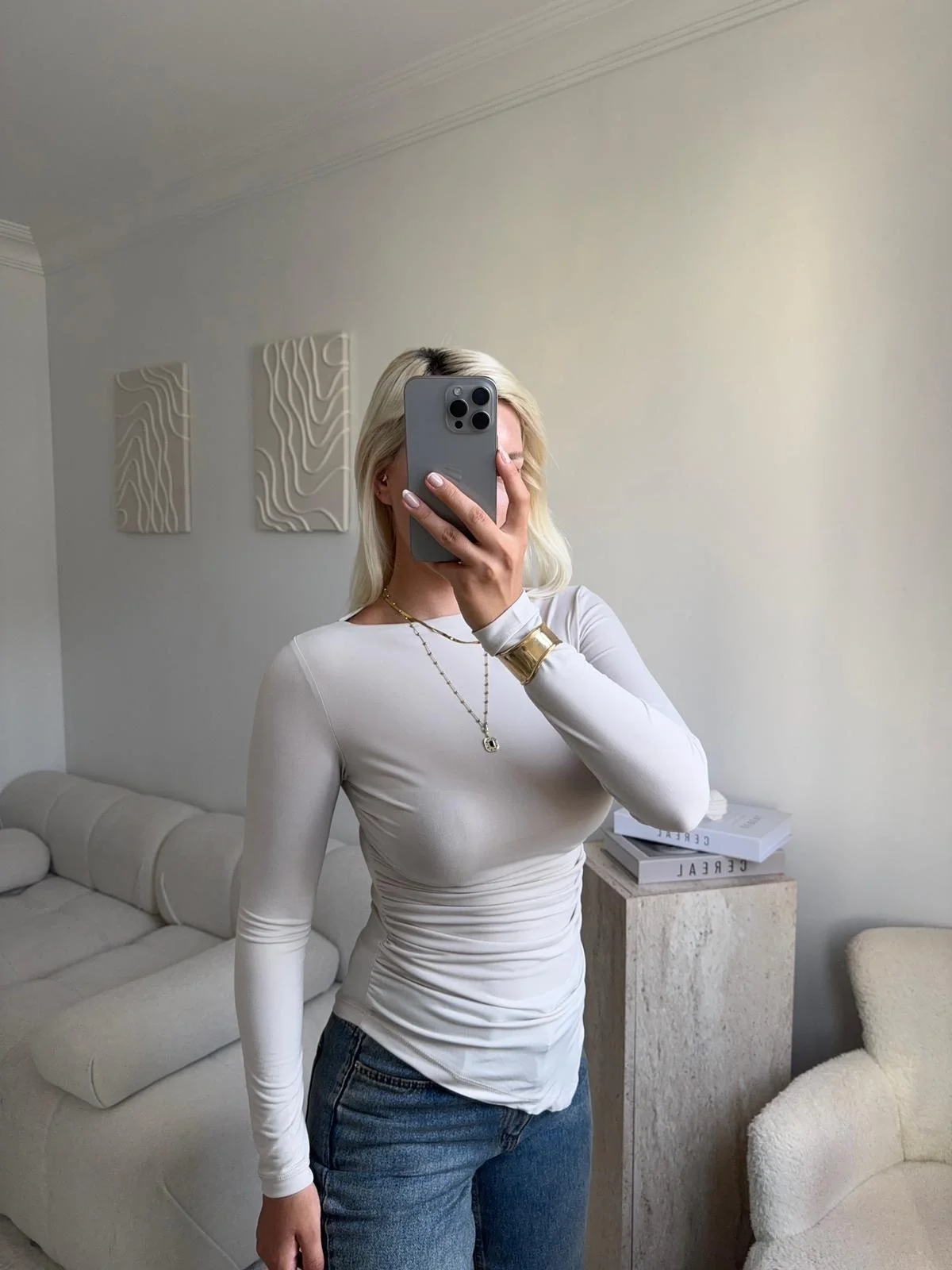 Asimetrik Yan Lastik Bluz - BEJ