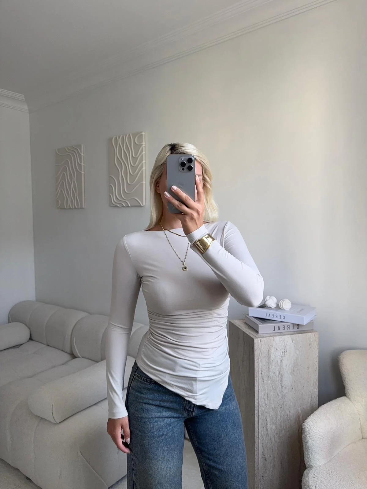 Asimetrik Yan Lastik Bluz - BEJ