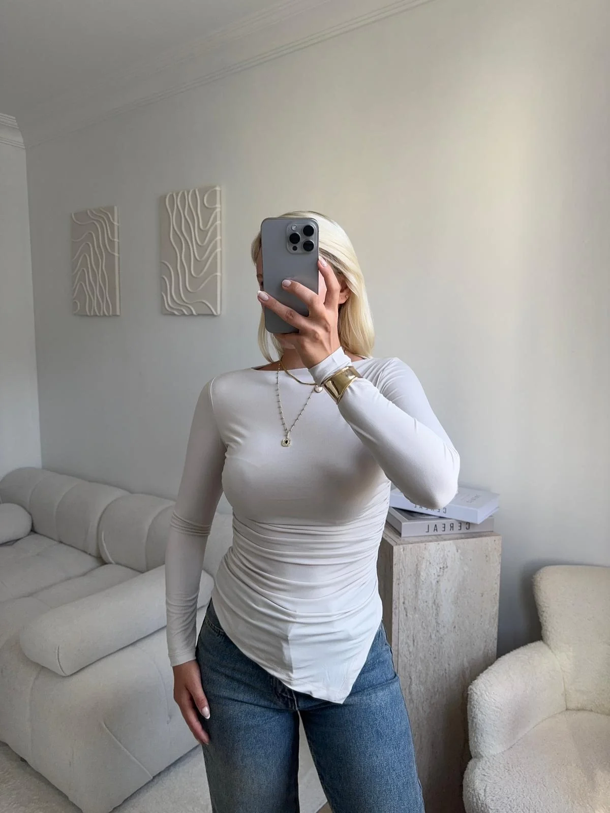 Asimetrik Yan Lastik Bluz - BEJ