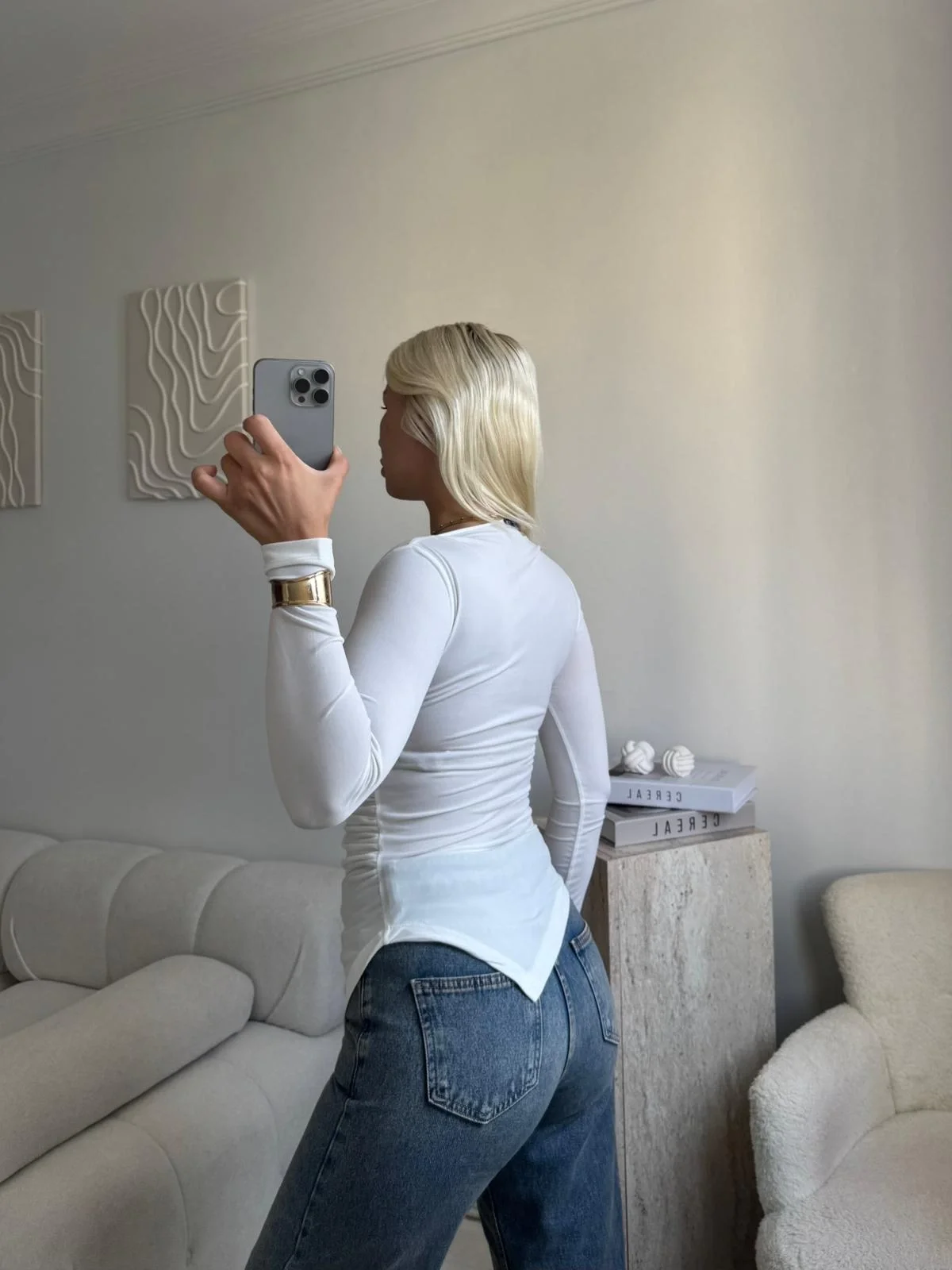 Asimetrik Yan Lastik Bluz - BEYAZ