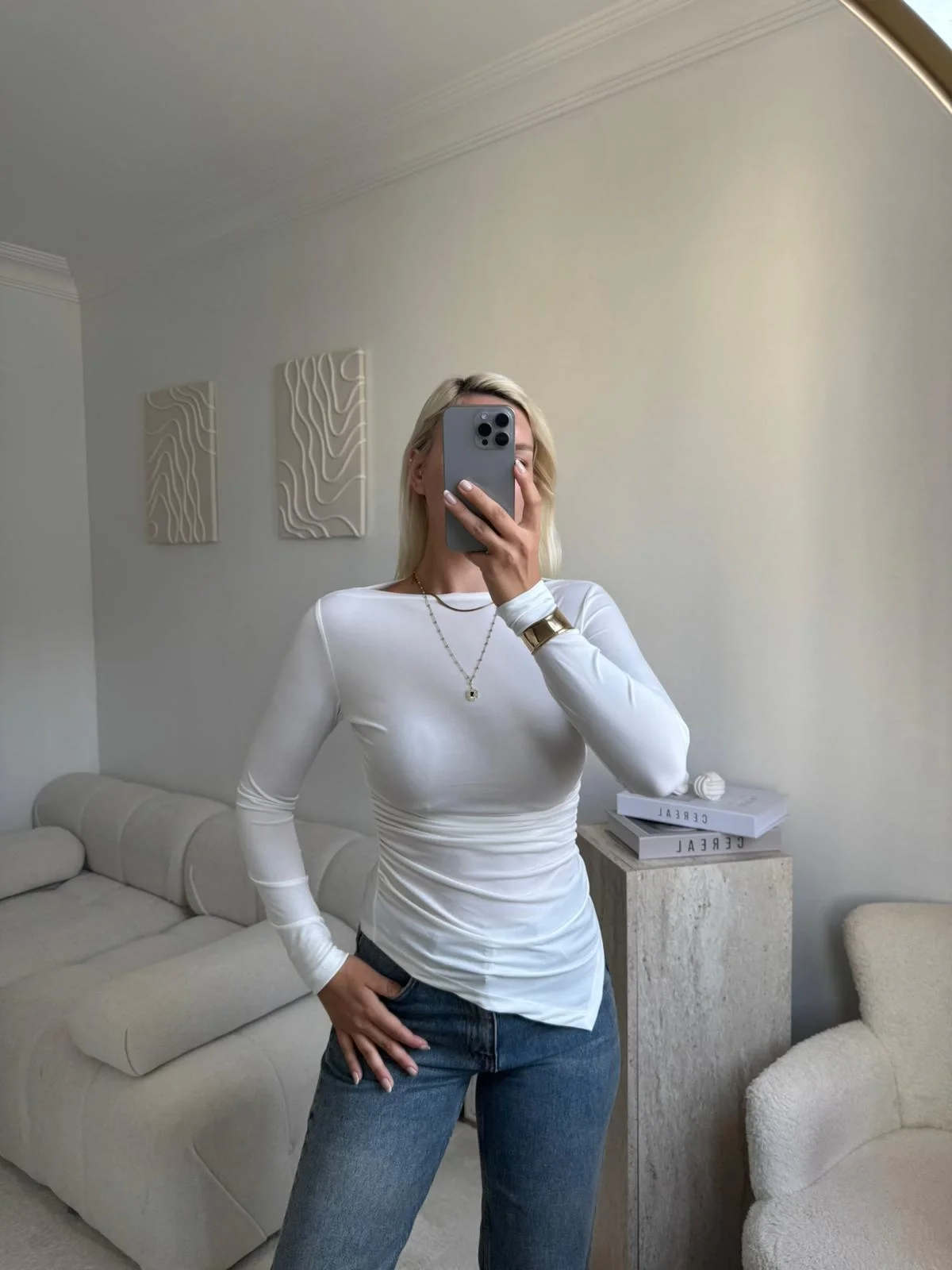 Asimetrik Yan Lastik Bluz - BEYAZ