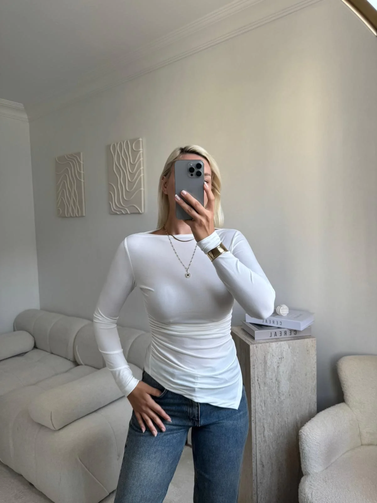 Asimetrik Yan Lastik Bluz - BEYAZ