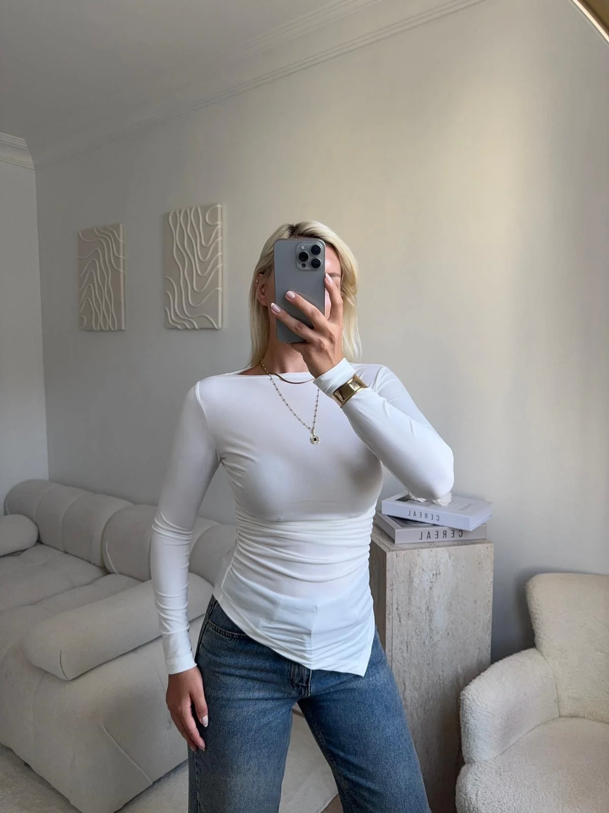 Asimetrik Yan Lastik Bluz - BEYAZ