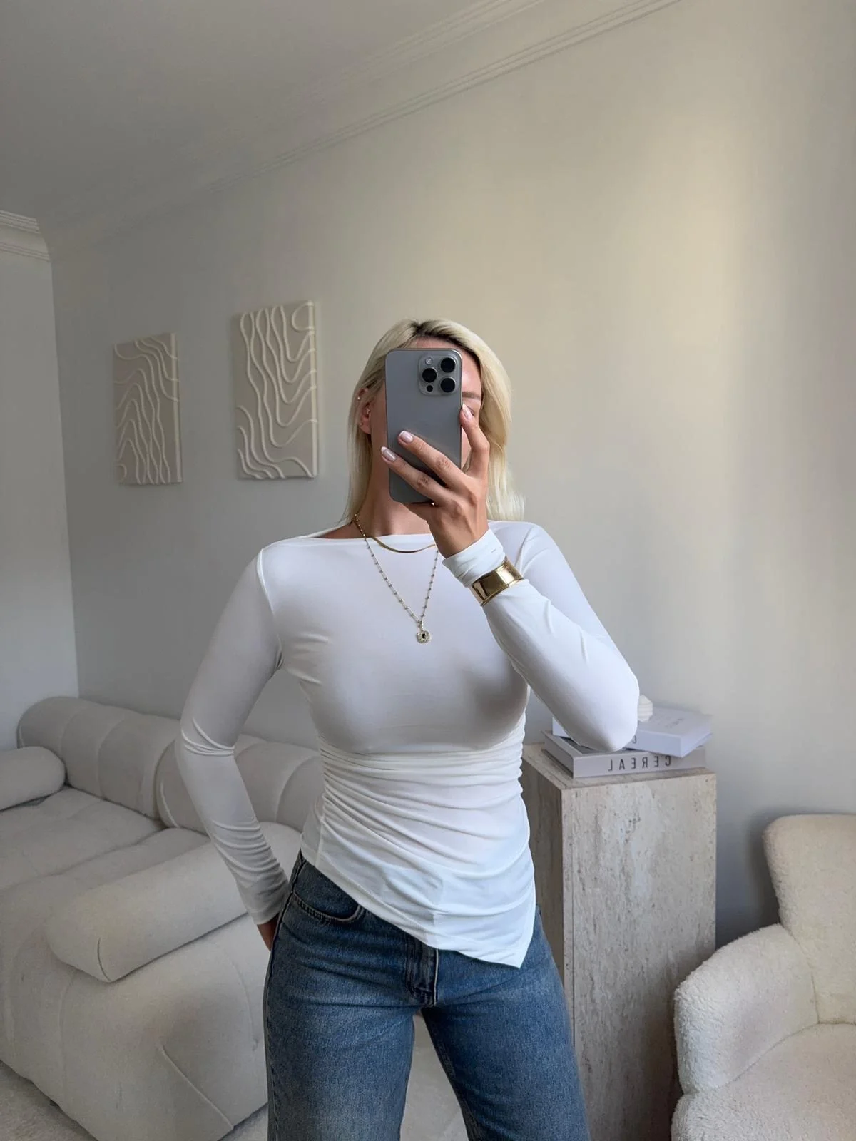 Asimetrik Yan Lastik Bluz - BEYAZ