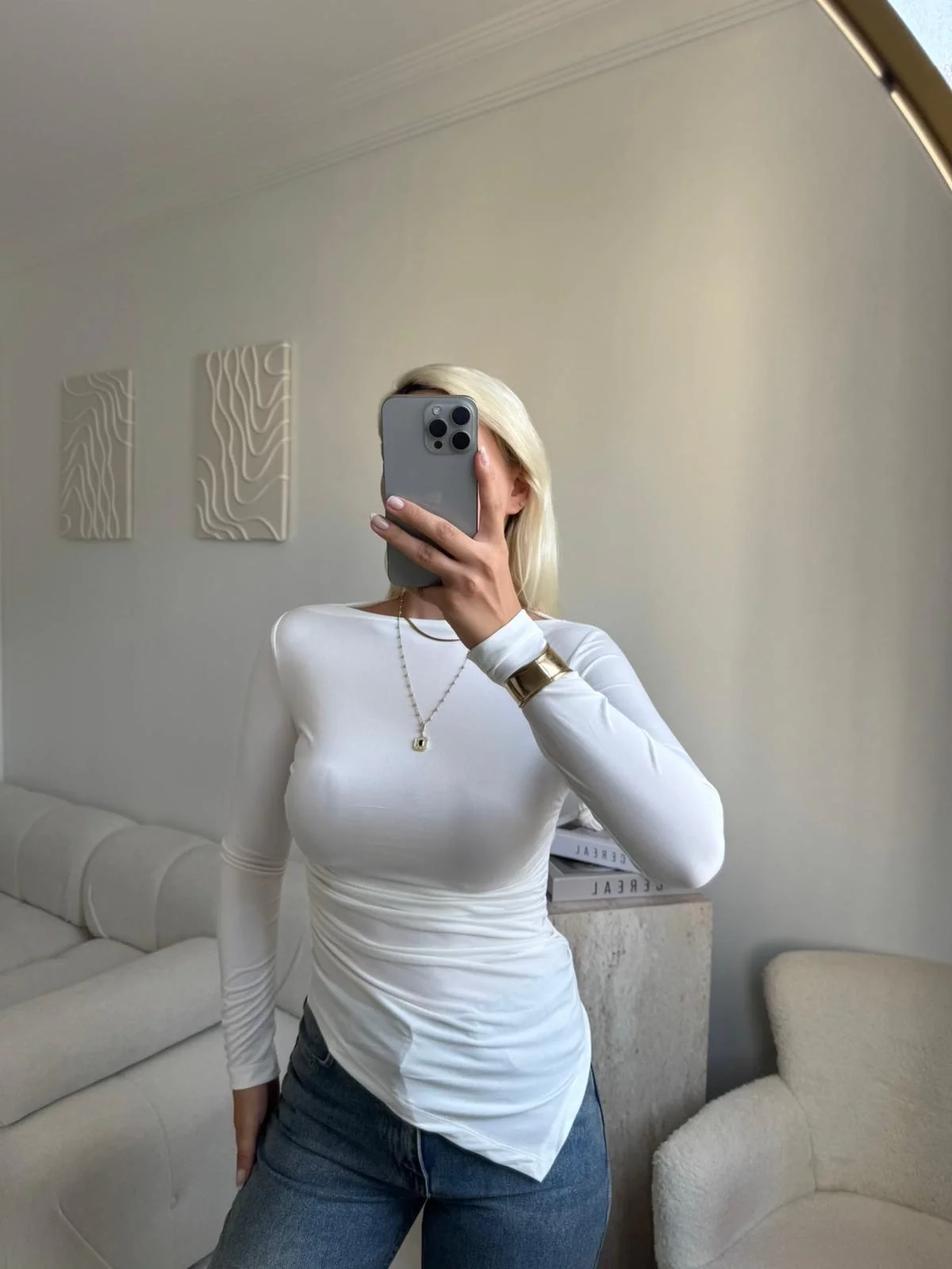 Asimetrik Yan Lastik Bluz - BEYAZ