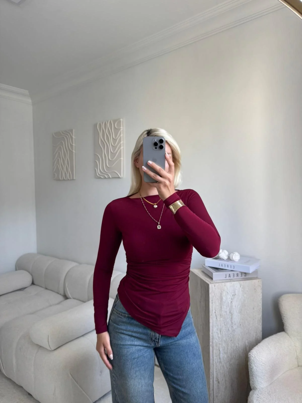 Asimetrik Yan Lastik Bluz - BORDO