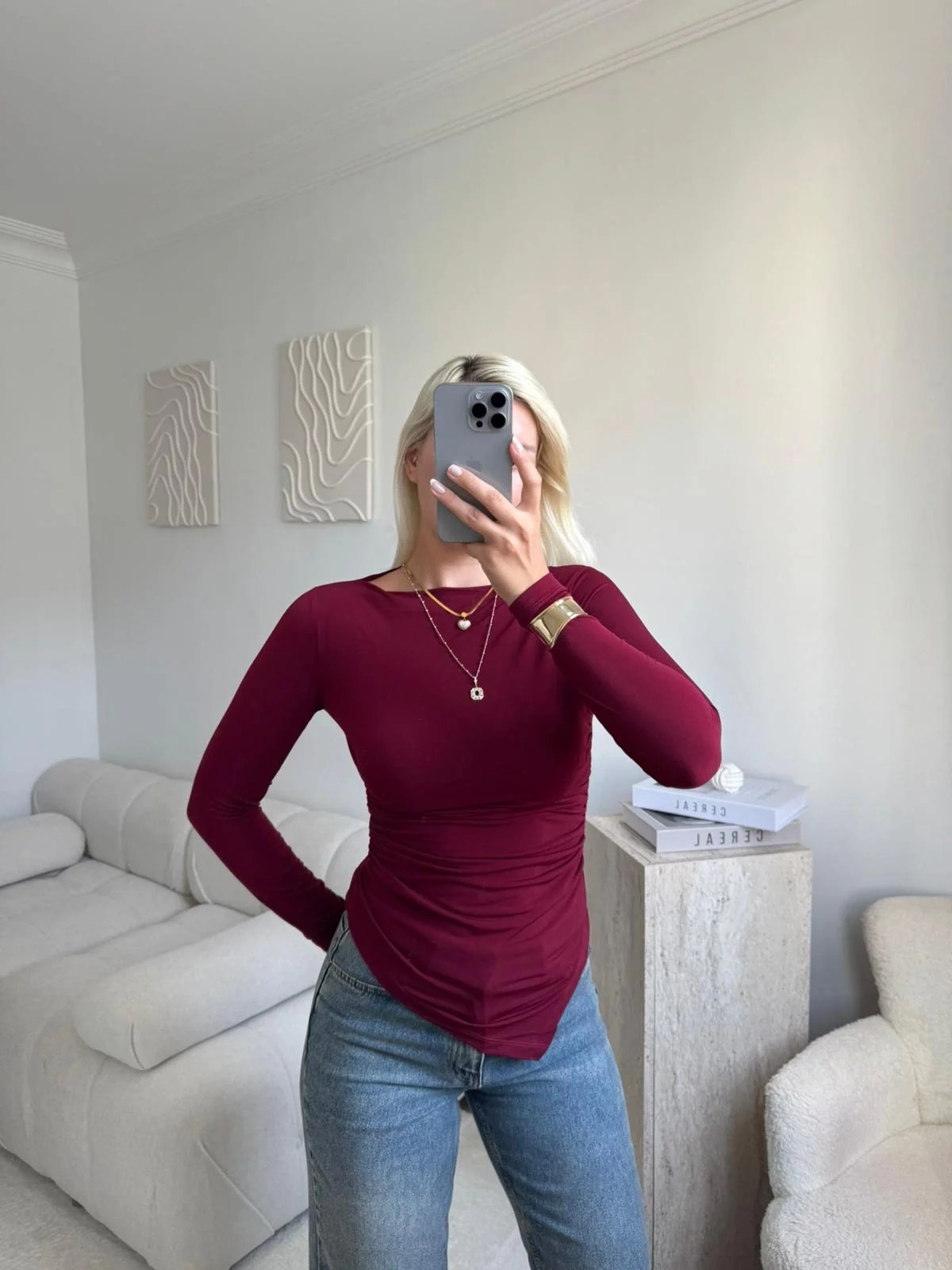 Asimetrik Yan Lastik Bluz - BORDO