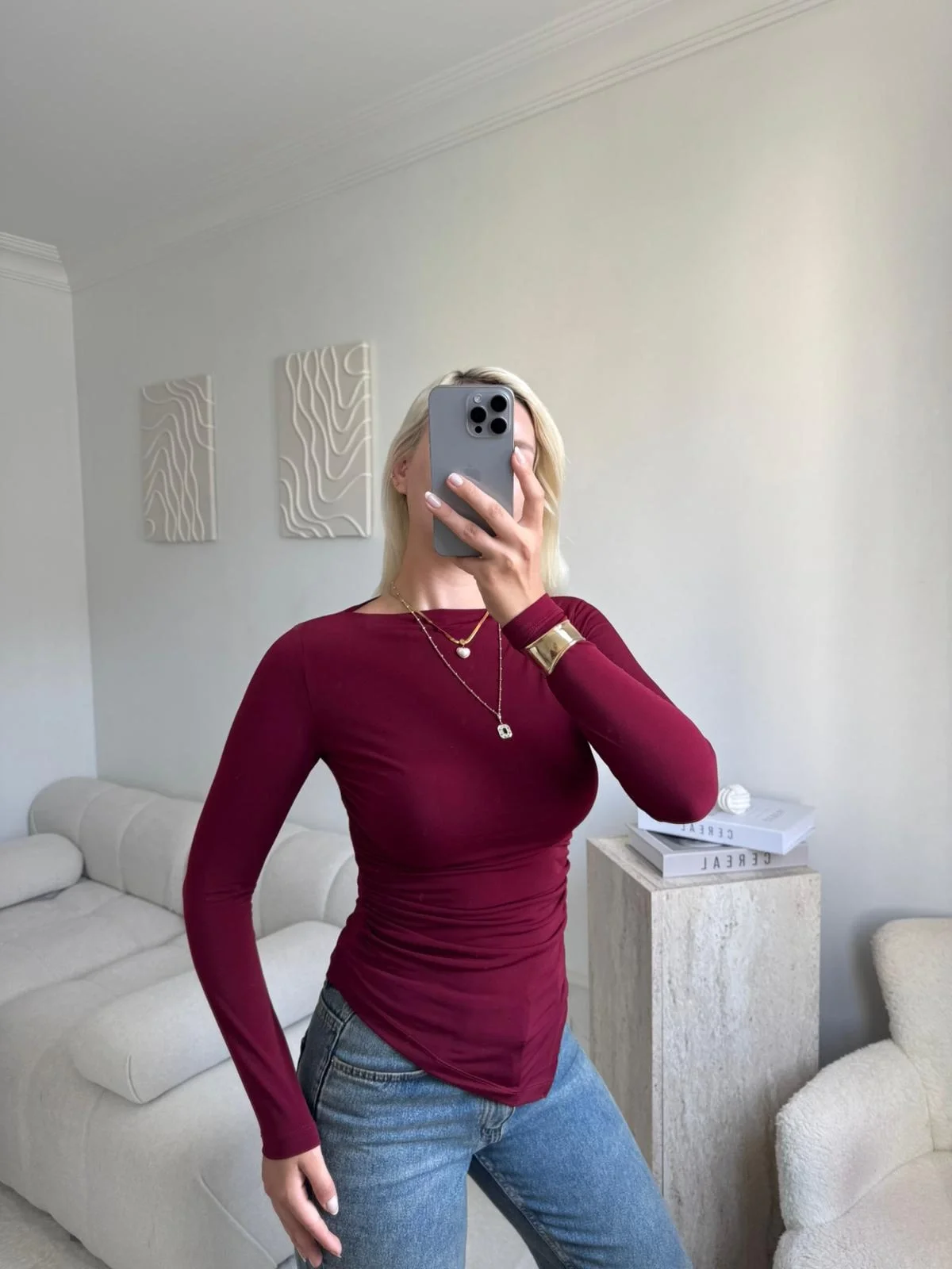 Asimetrik Yan Lastik Bluz - BORDO