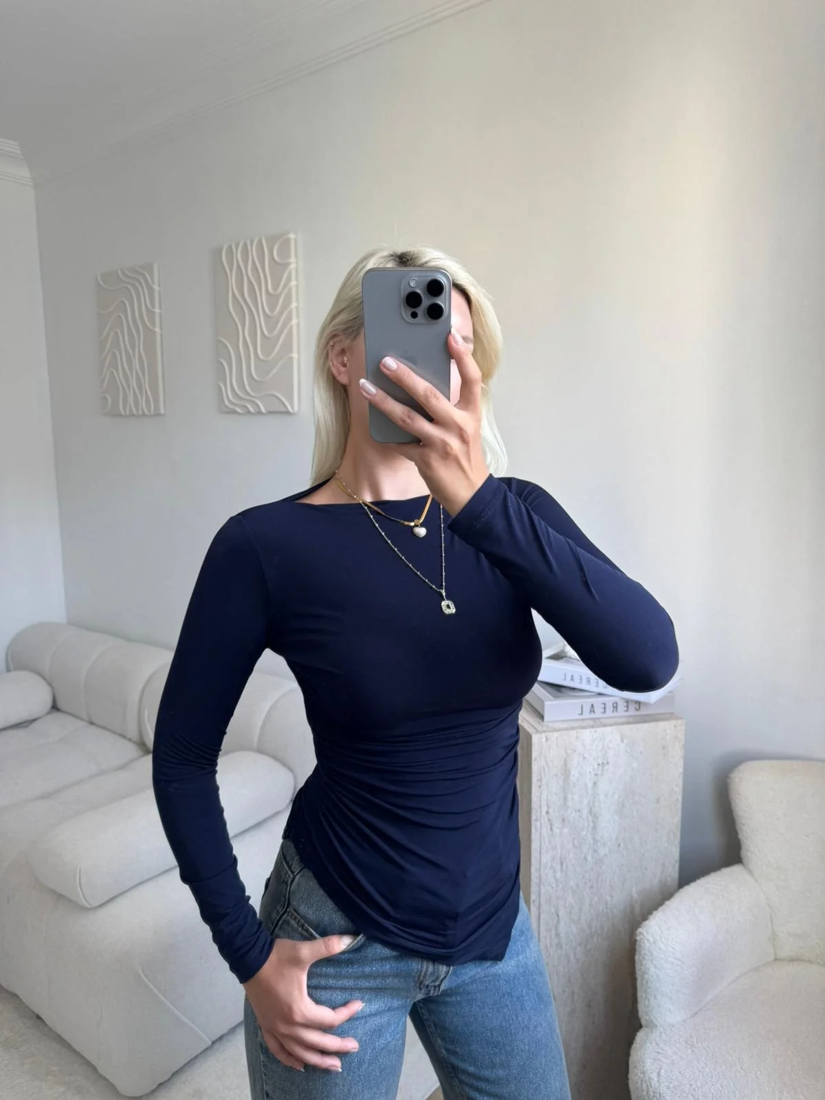 Asimetrik Yan Lastik Bluz - LACİVERT