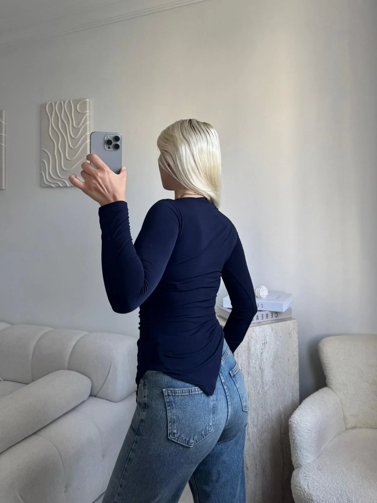 Asimetrik Yan Lastik Bluz - LACİVERT