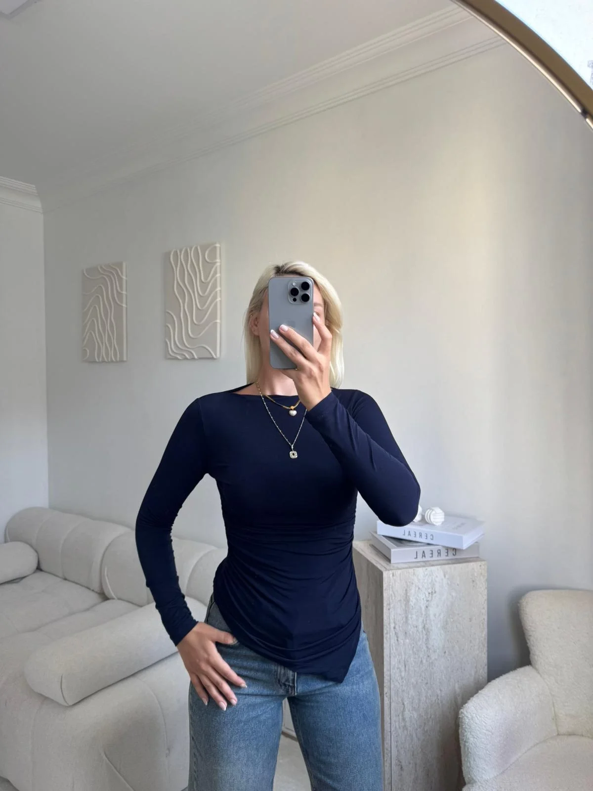 Asimetrik Yan Lastik Bluz - LACİVERT