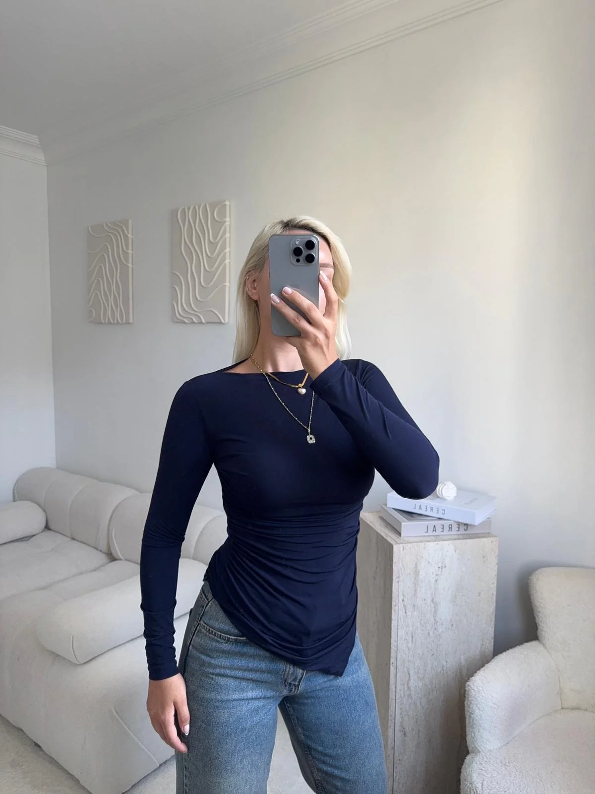 Asimetrik Yan Lastik Bluz - LACİVERT