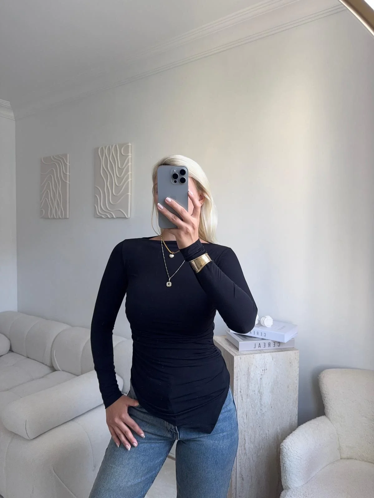 Asimetrik Yan Lastik Bluz - LACİVERT