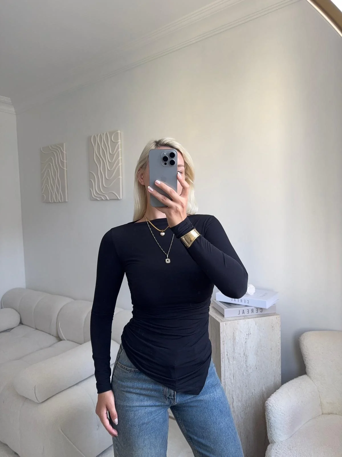 Asimetrik Yan Lastik Bluz - SİYAH