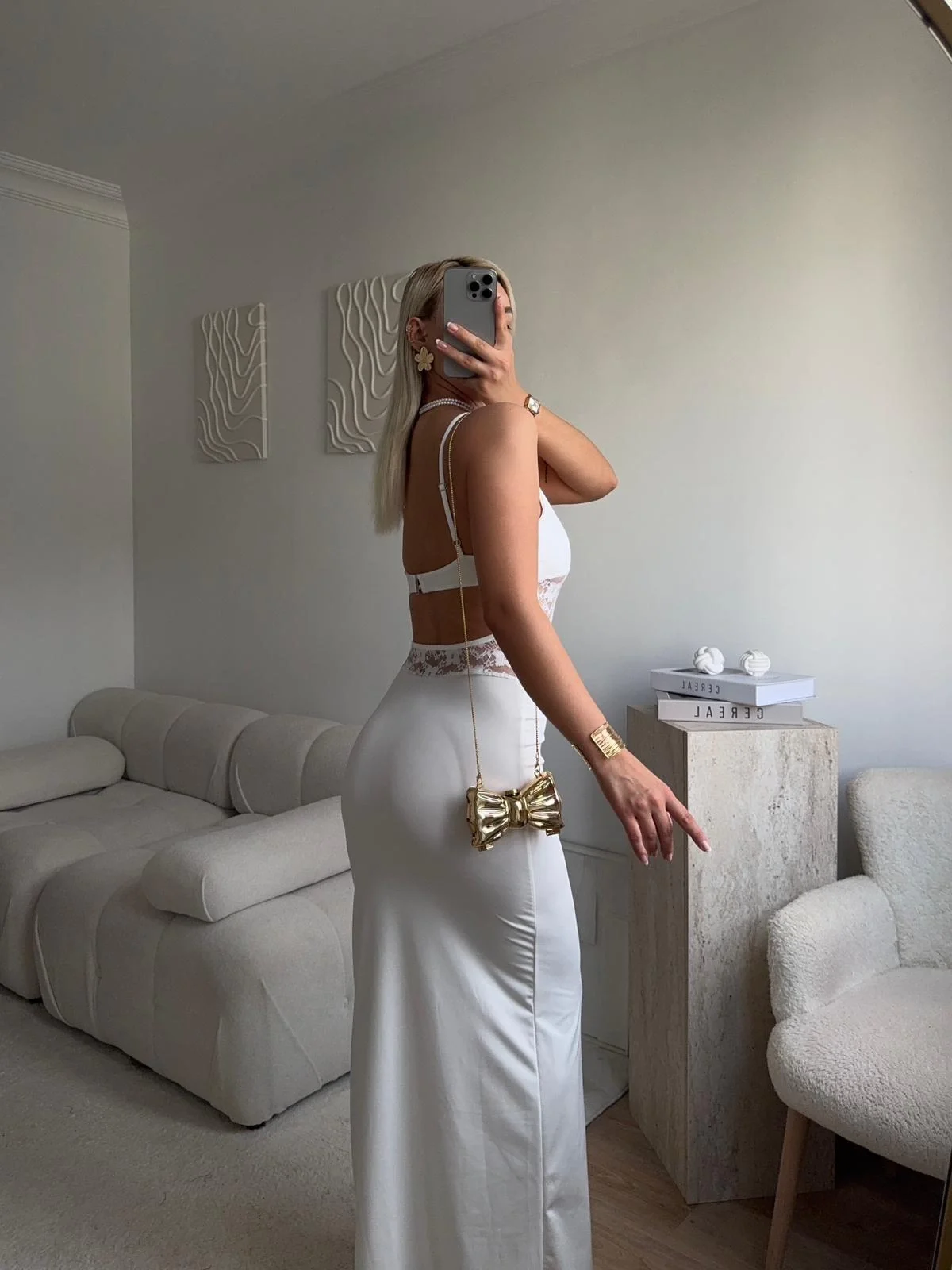 Askılı Dantel Bel Korse Uzun Elbise - BEYAZ