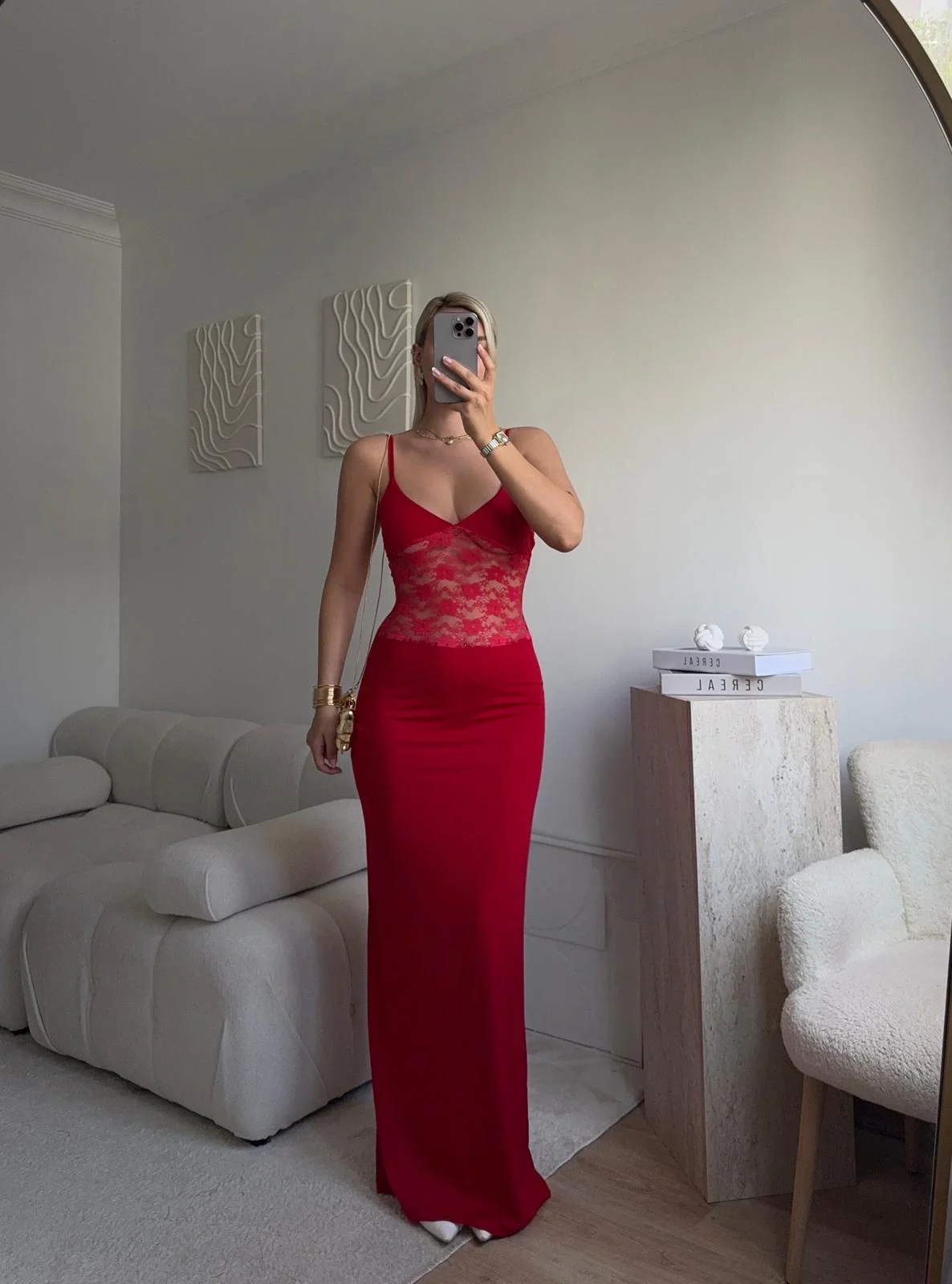 Askılı Dantel Bel Korse Uzun Elbise - KIRMIZI