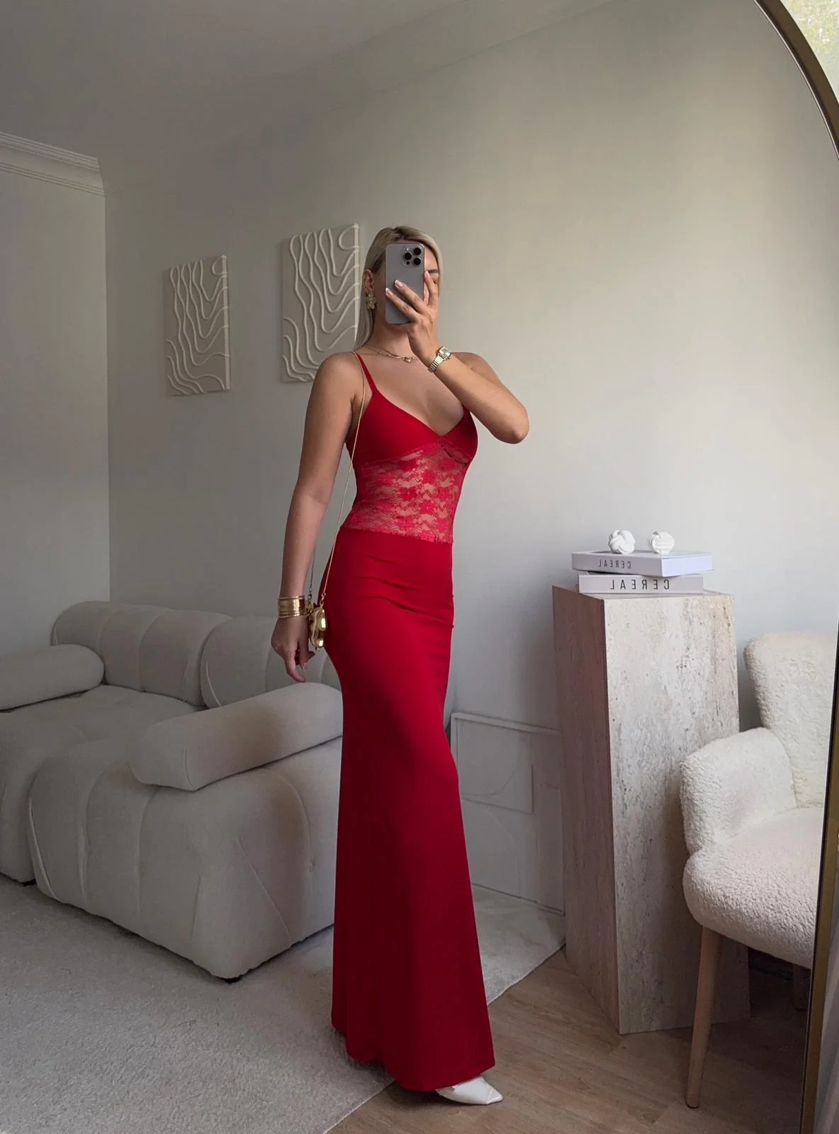 Askılı Dantel Bel Korse Uzun Elbise - KIRMIZI