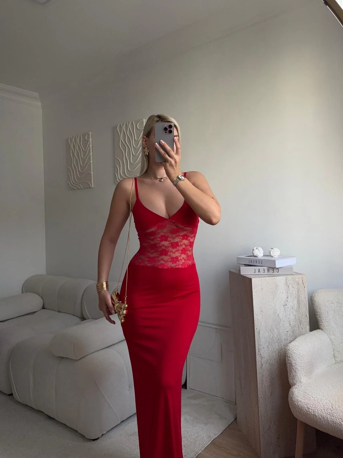 Askılı Dantel Bel Korse Uzun Elbise - KIRMIZI