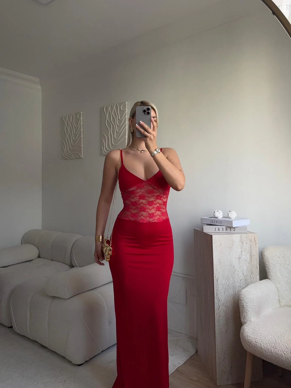 Askılı Dantel Bel Korse Uzun Elbise - KIRMIZI