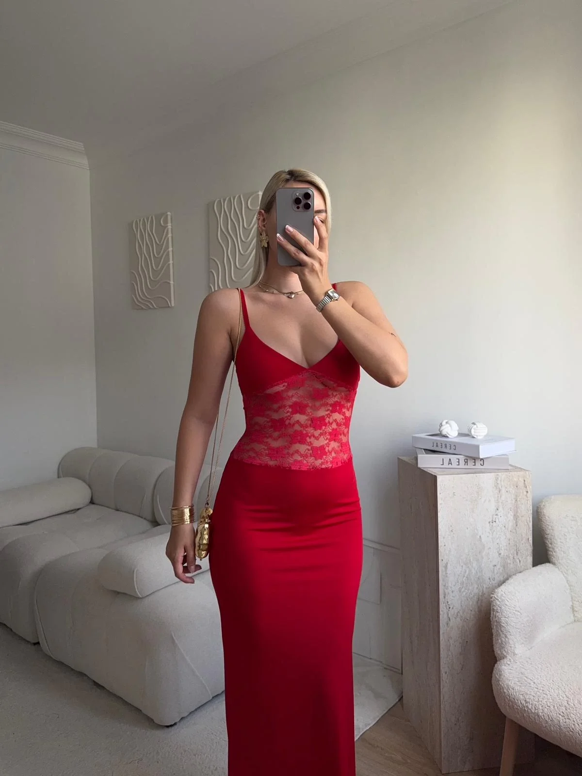 Askılı Dantel Bel Korse Uzun Elbise - KIRMIZI