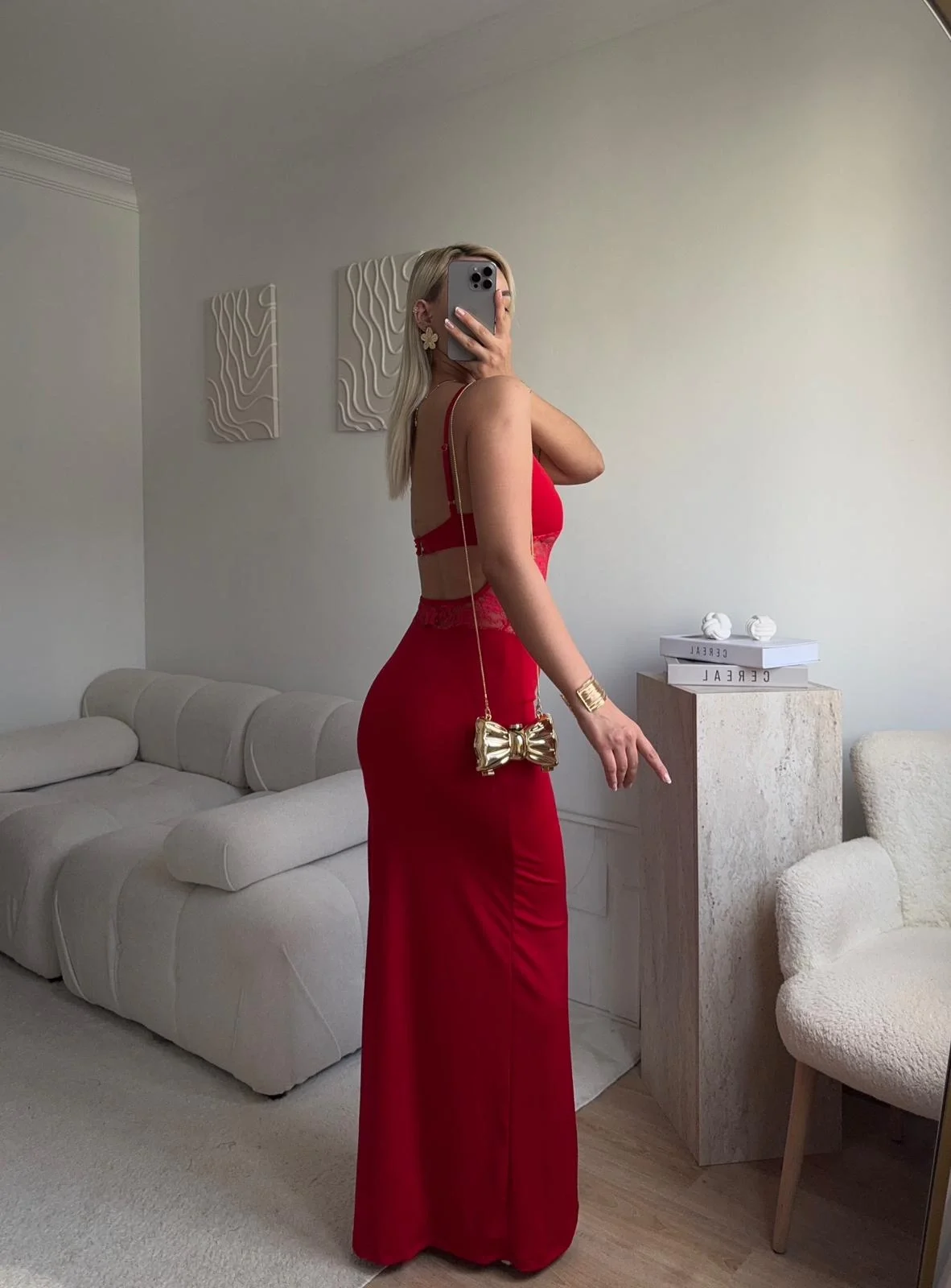 Askılı Dantel Bel Korse Uzun Elbise - KIRMIZI