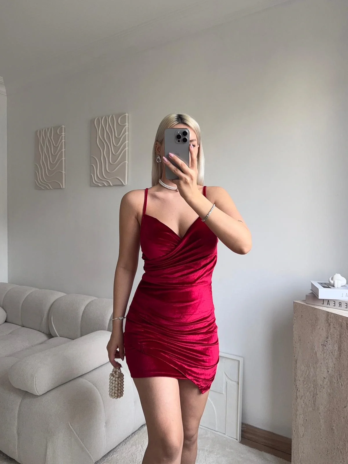 Askılı Drapeli Kadife Elbise - BORDO