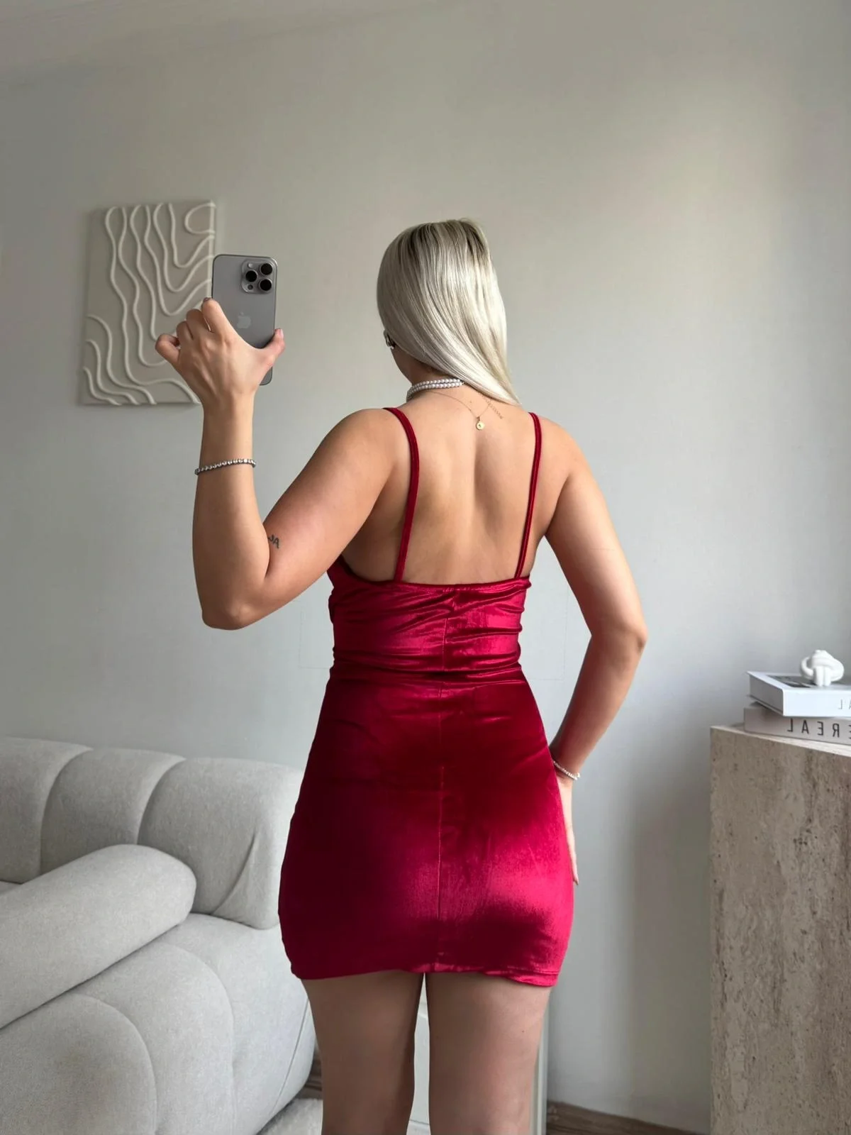 Askılı Drapeli Kadife Elbise - BORDO