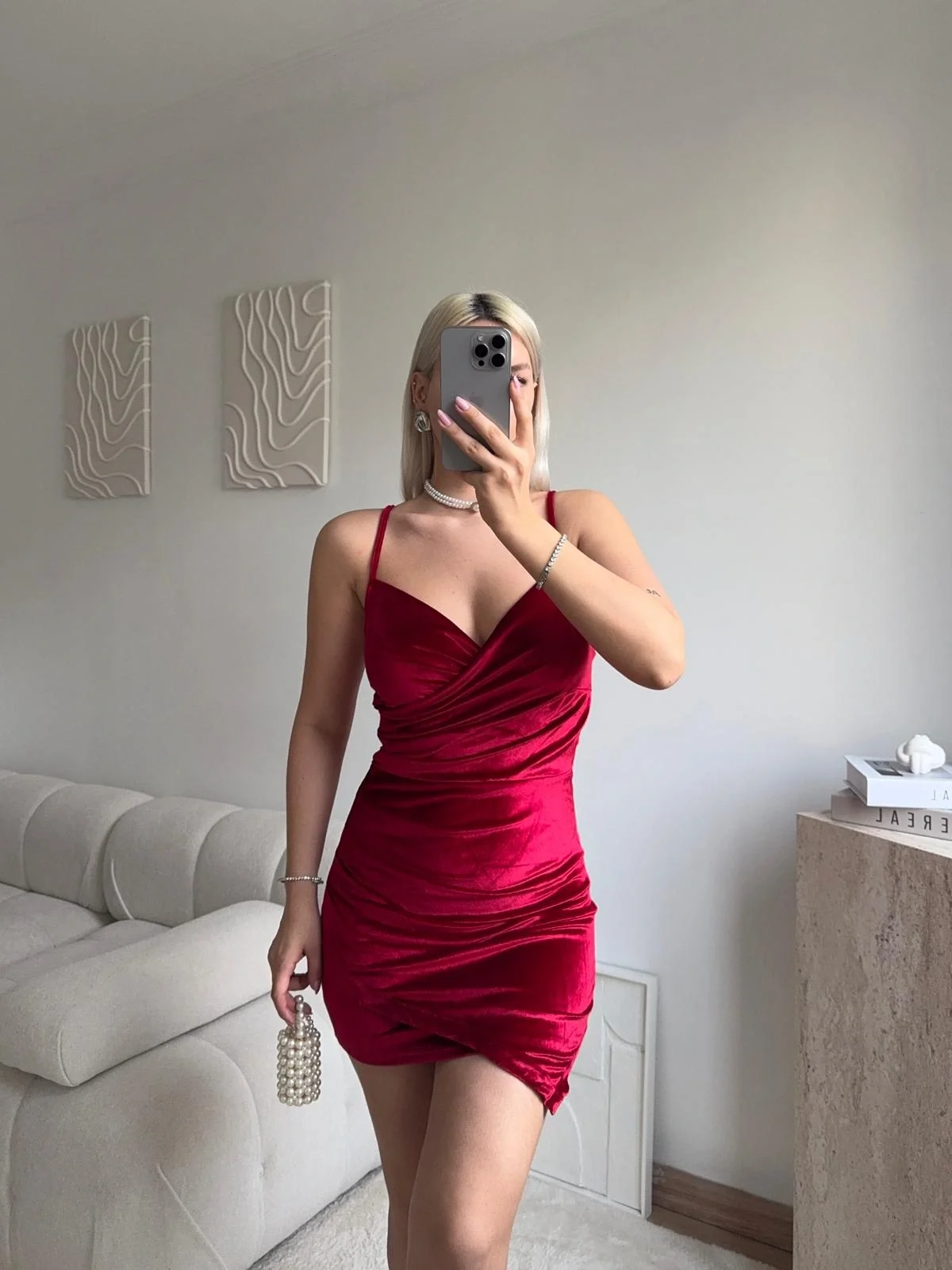 Askılı Drapeli Kadife Elbise - BORDO